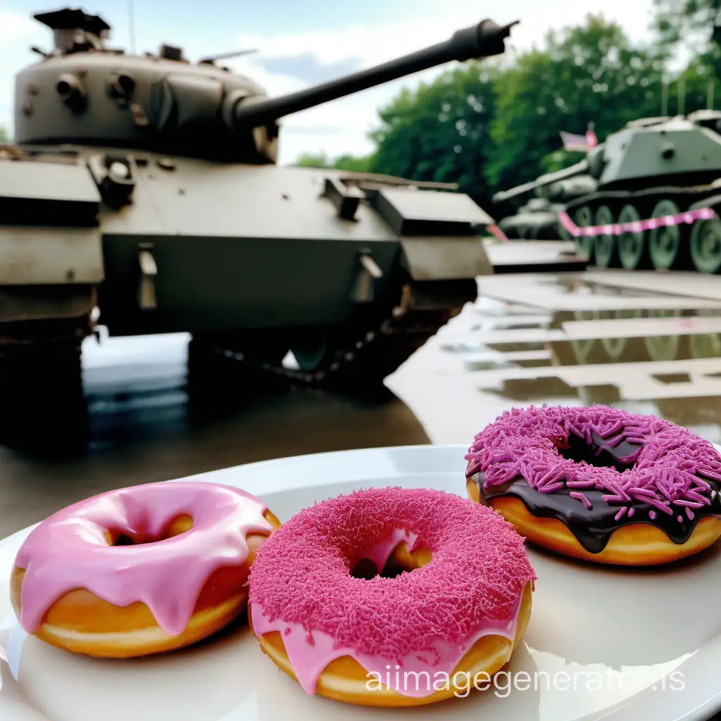 n the foreground, there are beautiful doughnuts, and in the background, a tank is visible. 