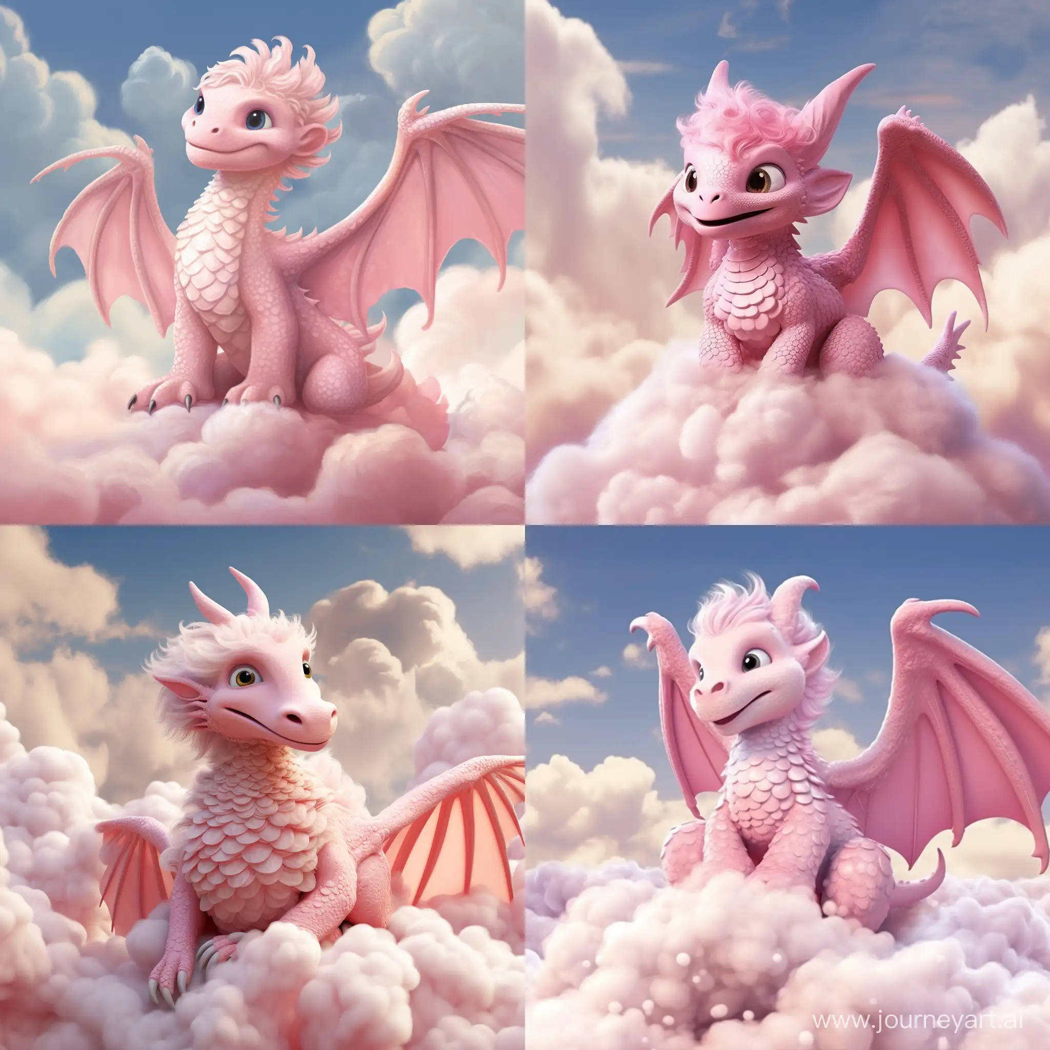 милый розовый дракон сидит на мягком пушистом облачке, сказочно, высокая детализация