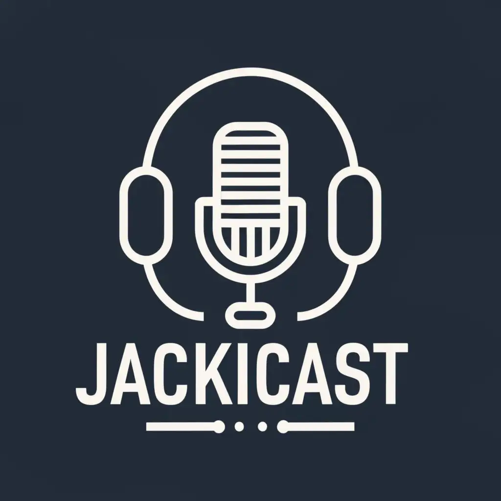 logo, A broadcast microphone on the left, a set of headphones on the right, and a cable connecting them., with the text "JackiCast", typography, be used in Entertainment industry