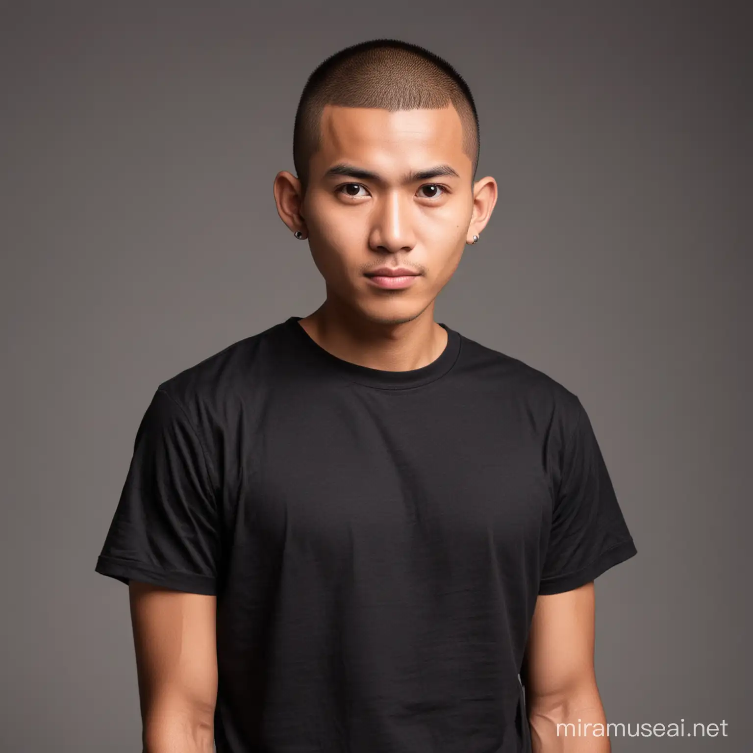 An indonesian guy wearing black t-shirt standing, big head, buzz cut