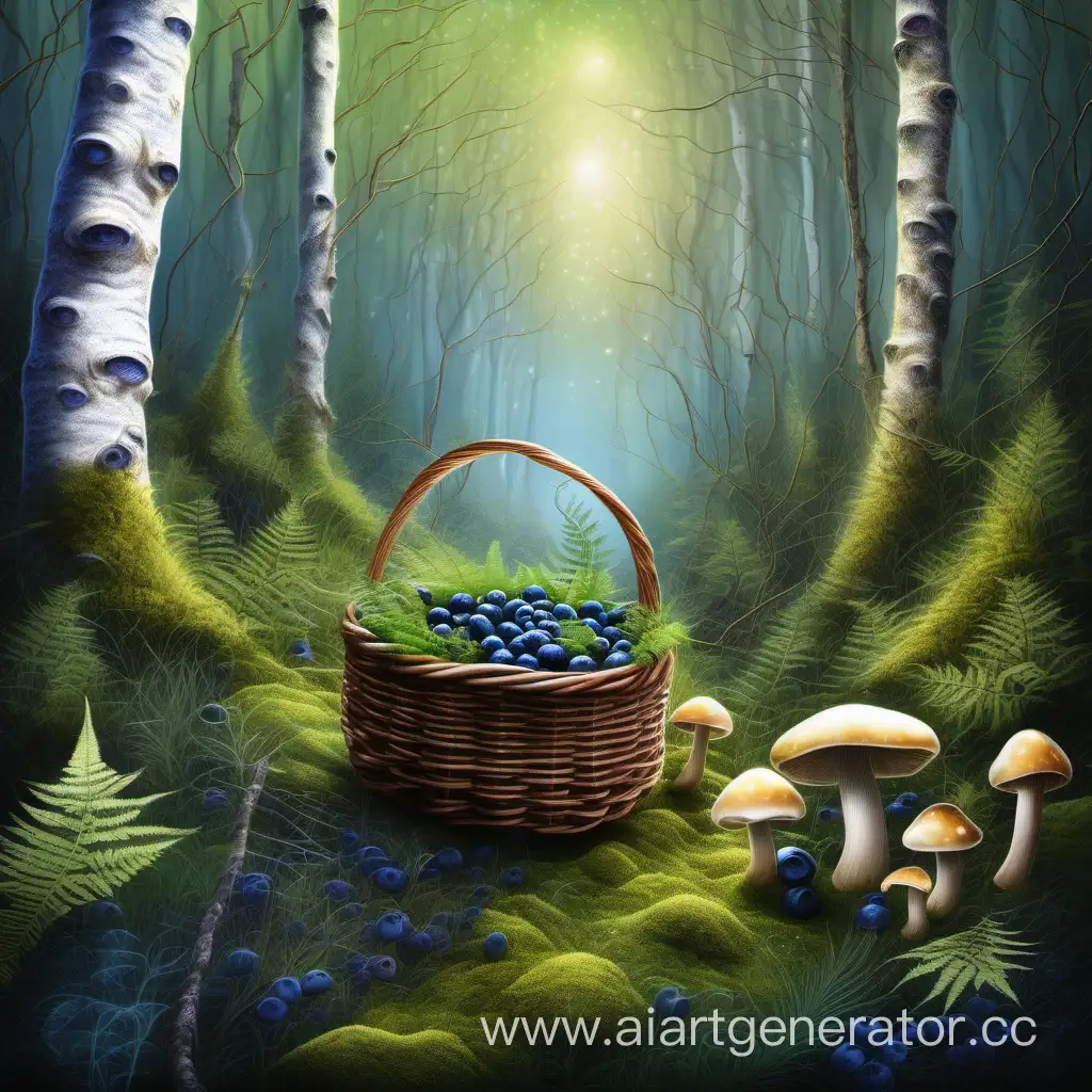таинственный березовый лес , в таве растут грибы ,стоит корзинка с ягодами черникой, папоротник мох сияние мистика волшебно глиттер  четкая прорисовка гиперреализм