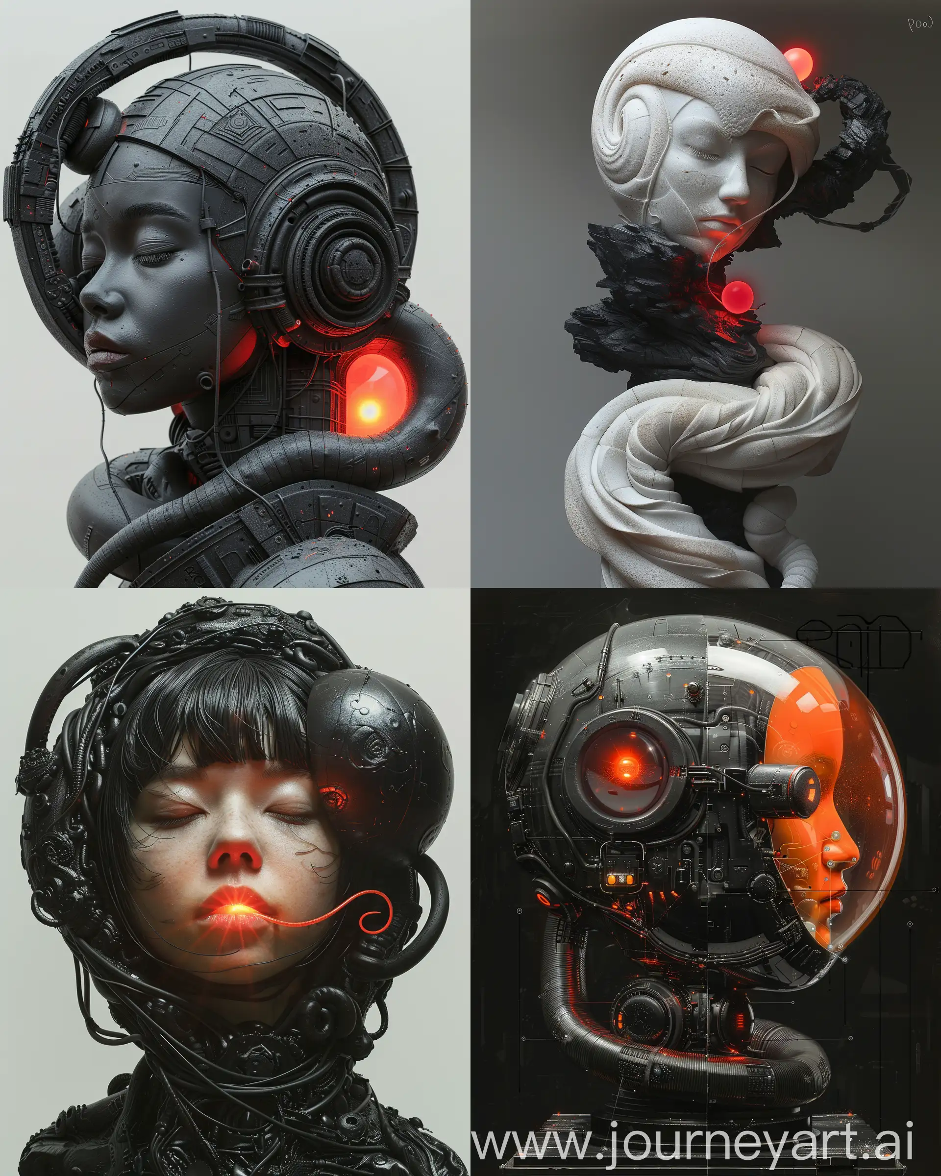 the cover art of rood magazine has a sphere, a worm, and a glowing red light, in the style of conceptual portraiture, made of rubber, futuristic robots, elina karimova, light black, technology-based art, oversized objects --s 500 --ar 4:5 --v 6.0 --style raw