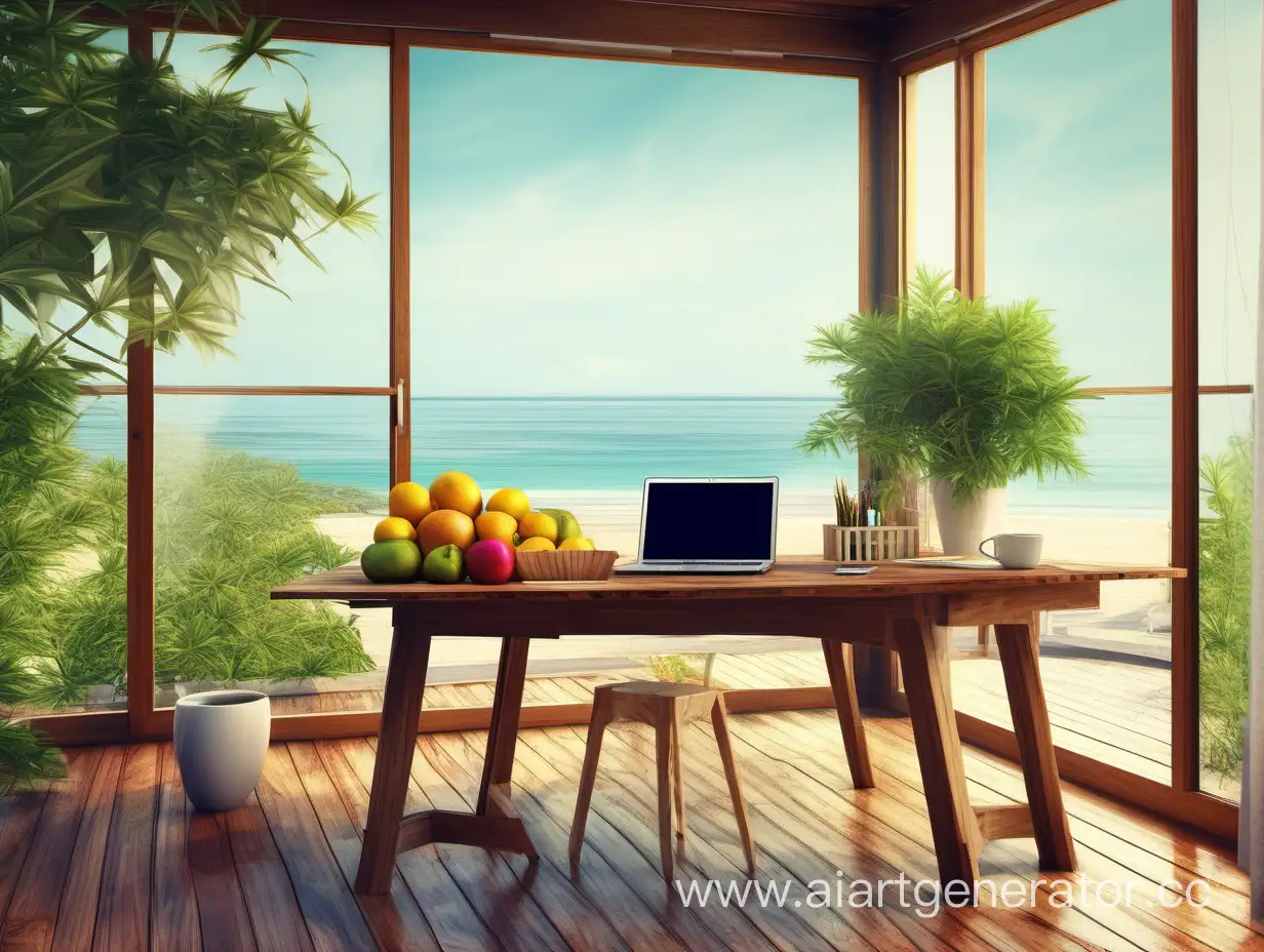 Tranquil-Beachside-Workday-with-Flowers-and-Fruit