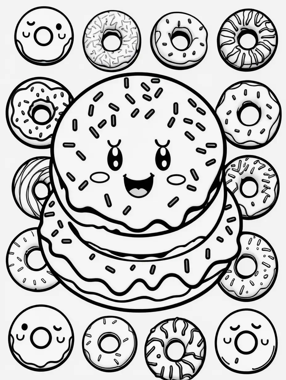 coloring book, cartoon drawing, clean black and white, single line, white background, large cute donuts, emoji
