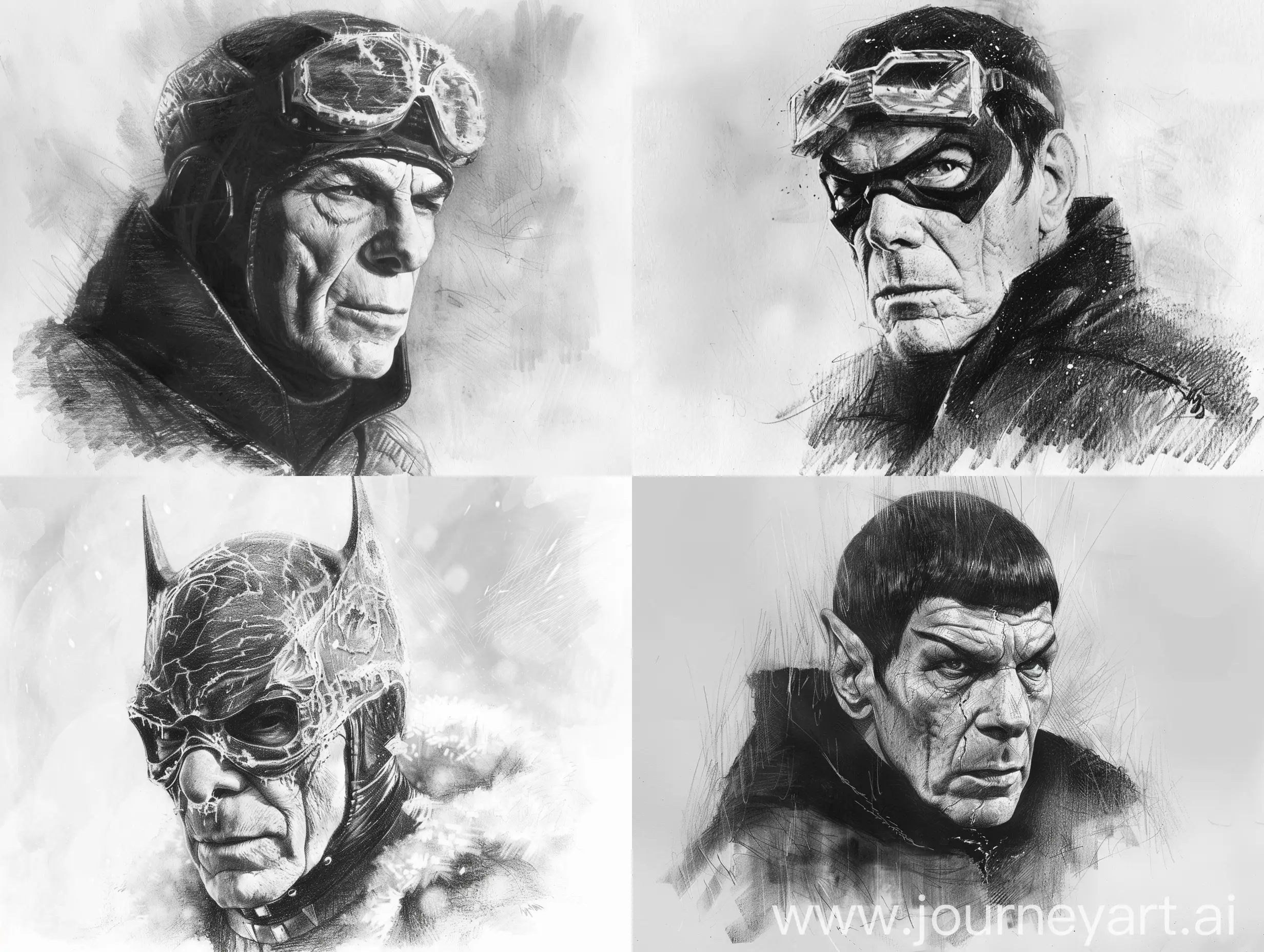 Simple rough 2d pencil sketch art of the actor Leonard Nimoy as the Batman villain Mr. Freeze