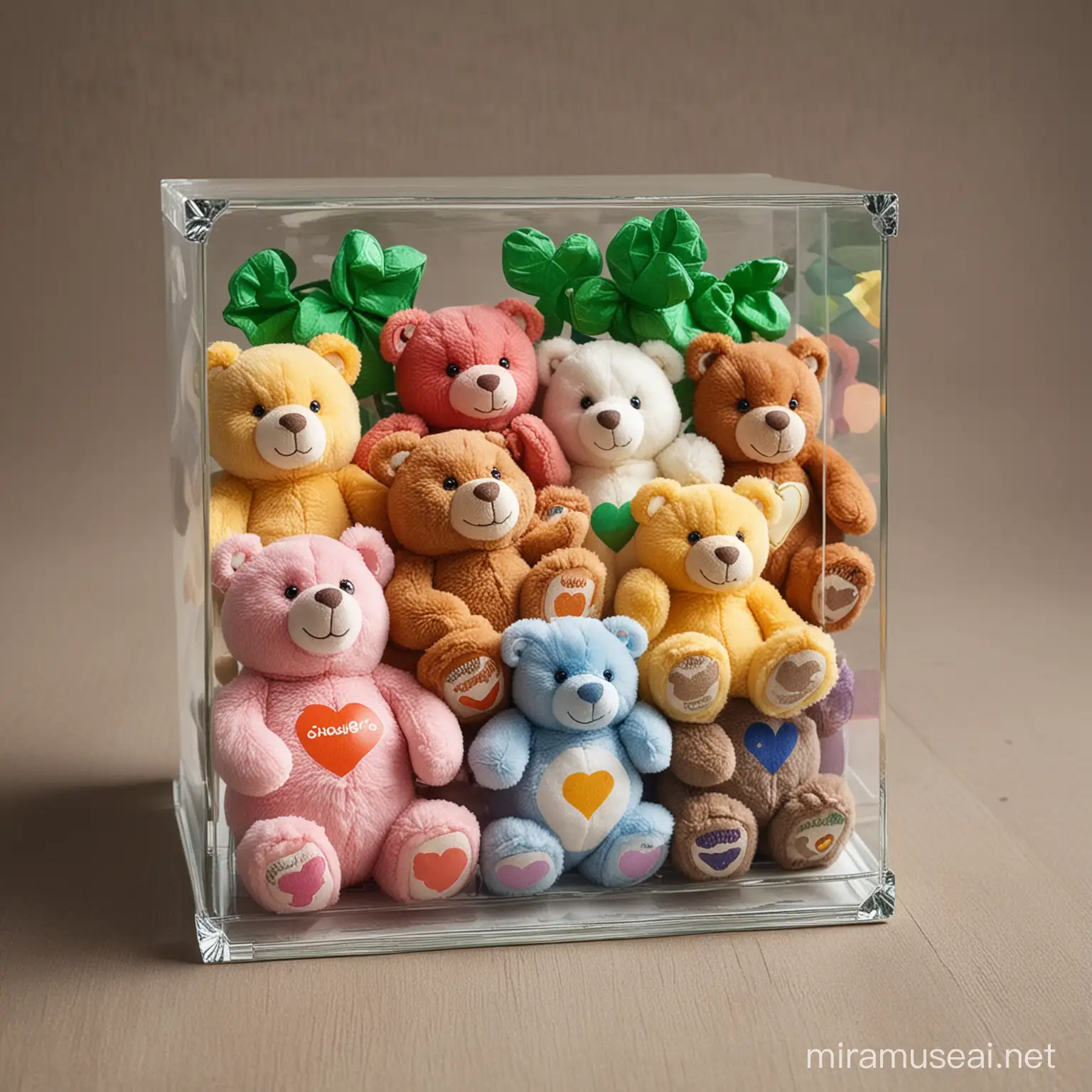 Muchos osos de peluche tipo osos cariñosos de distintos tamaños, metidos en una caja de cristal con crayolas y fichas de casino tréboles de 4 hojas 