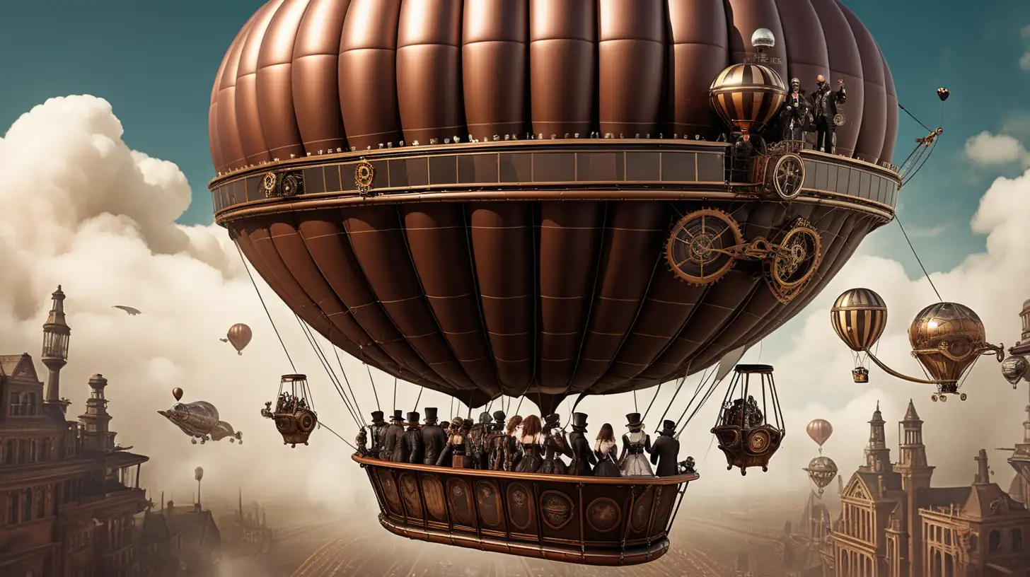 Steampunk hot air balloon passengers boarding spaceship