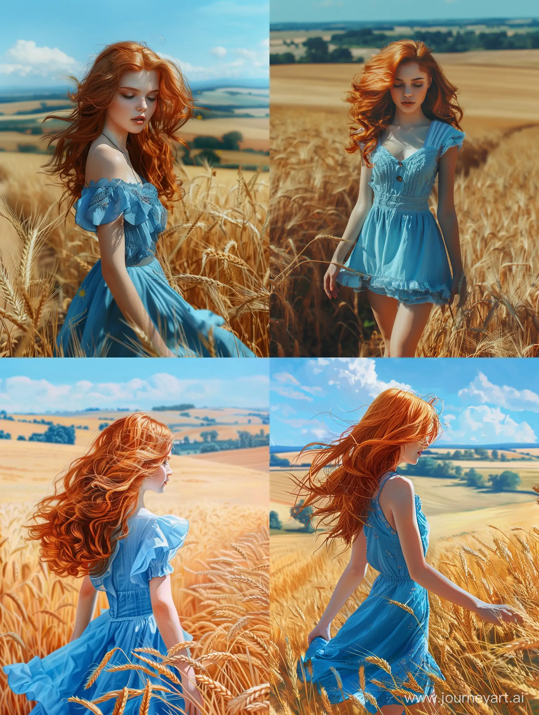 невероятно красивая девушка в полный рост, с русыми волосами, в синем платье идет по пшеничному полю, красивый пейзаж на фоне, синее небо, высокое разрешение, эстетично, красиво, яркое освещение, фотореализм