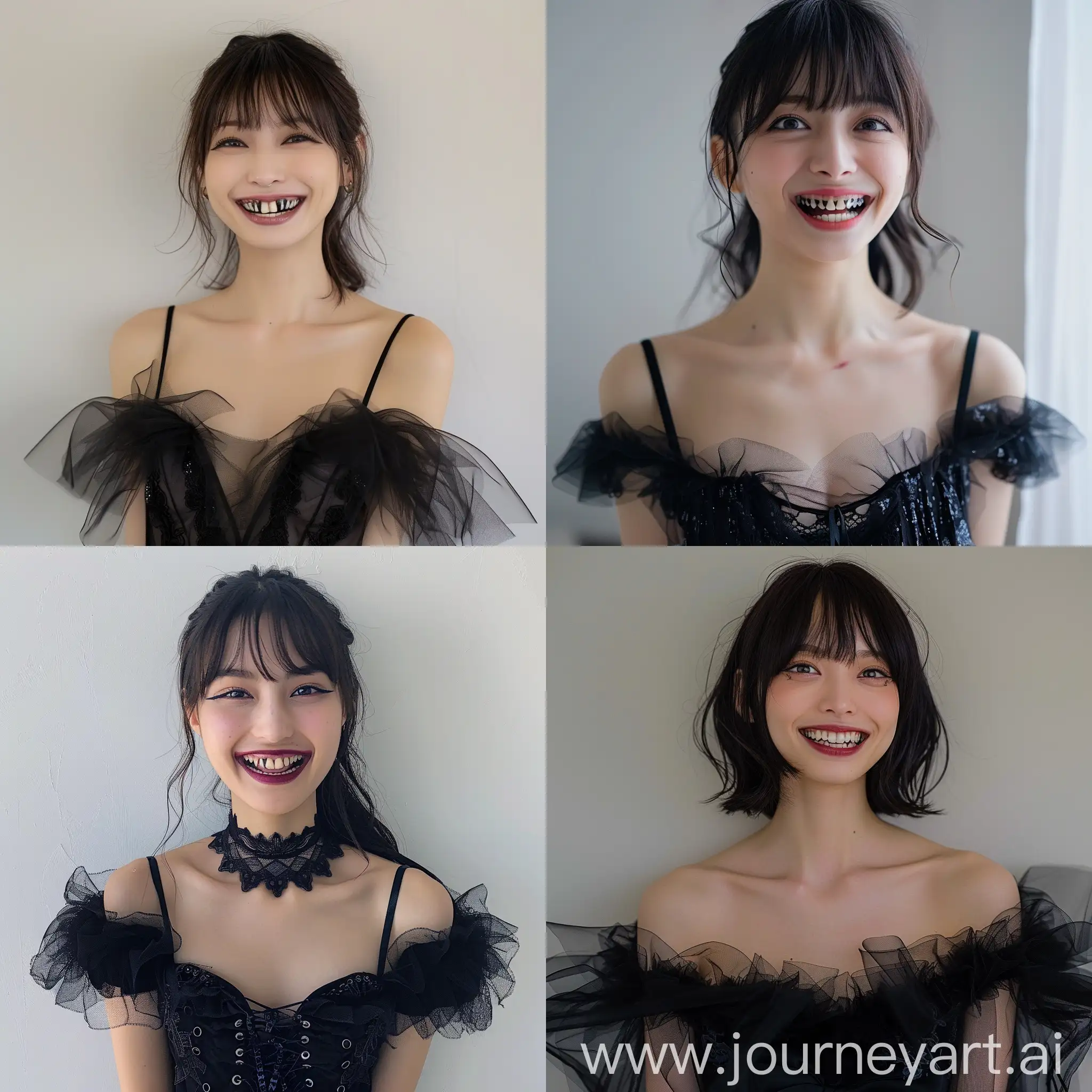 A pretty Japanese woman, narrow face with high cheek-bones, bangs, early 20s, a vampire, who wears a black gossamer dress, smiling, with fangs, dress visible, RPG style