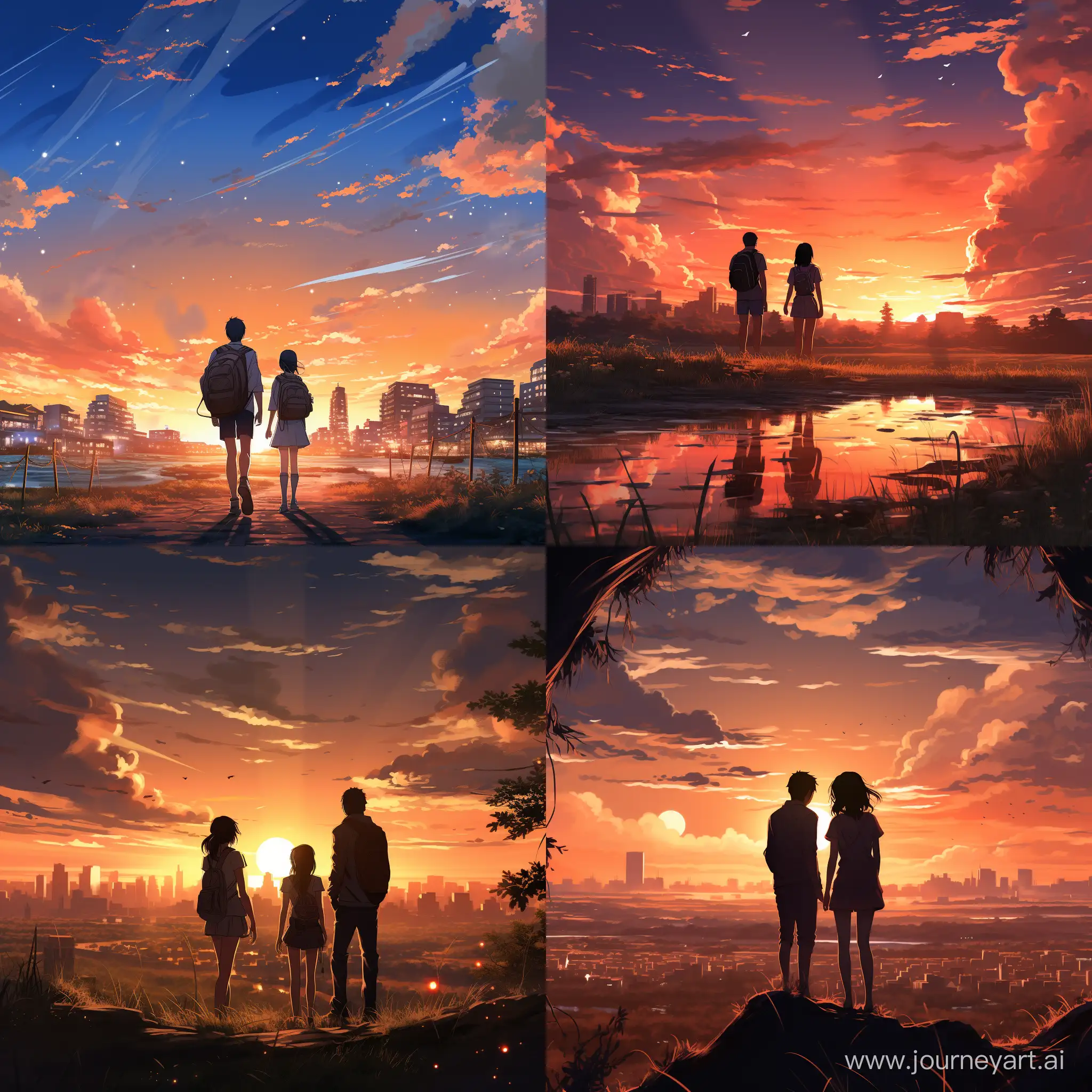 Anime, summer, background city, two teenagers, playing, style of Makoto Shinkai Byousoku 5 Centimeter and Your Name and Akira movie, dead sky, advanced sense of color scheme, national trendy illustration, 8k, rich details,  natural lighting, minimalism --s 400