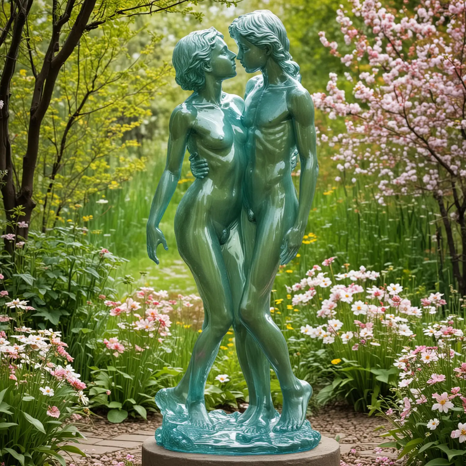 statue of a naked loving girl and boy in glass in a flowering garden full body