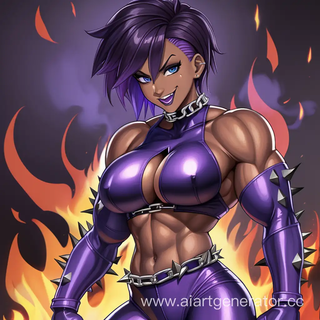 Fire Storm, 1 Person, Women, Human,  Dark Purple Hair, Hair on Fire, Short hair, Spiky Hairstyle, Dark Brown Skin, Dark Purple full Body Suit, Chocer, Chains, Black Lipstick, Serious smile, Big Breasts, Blue-eyes, Sharp Eyes, Flexing Muscles, Big Muscular Arms, Big Muscular Legs, Well-toned body, Muscular body, Purprle Fire, 