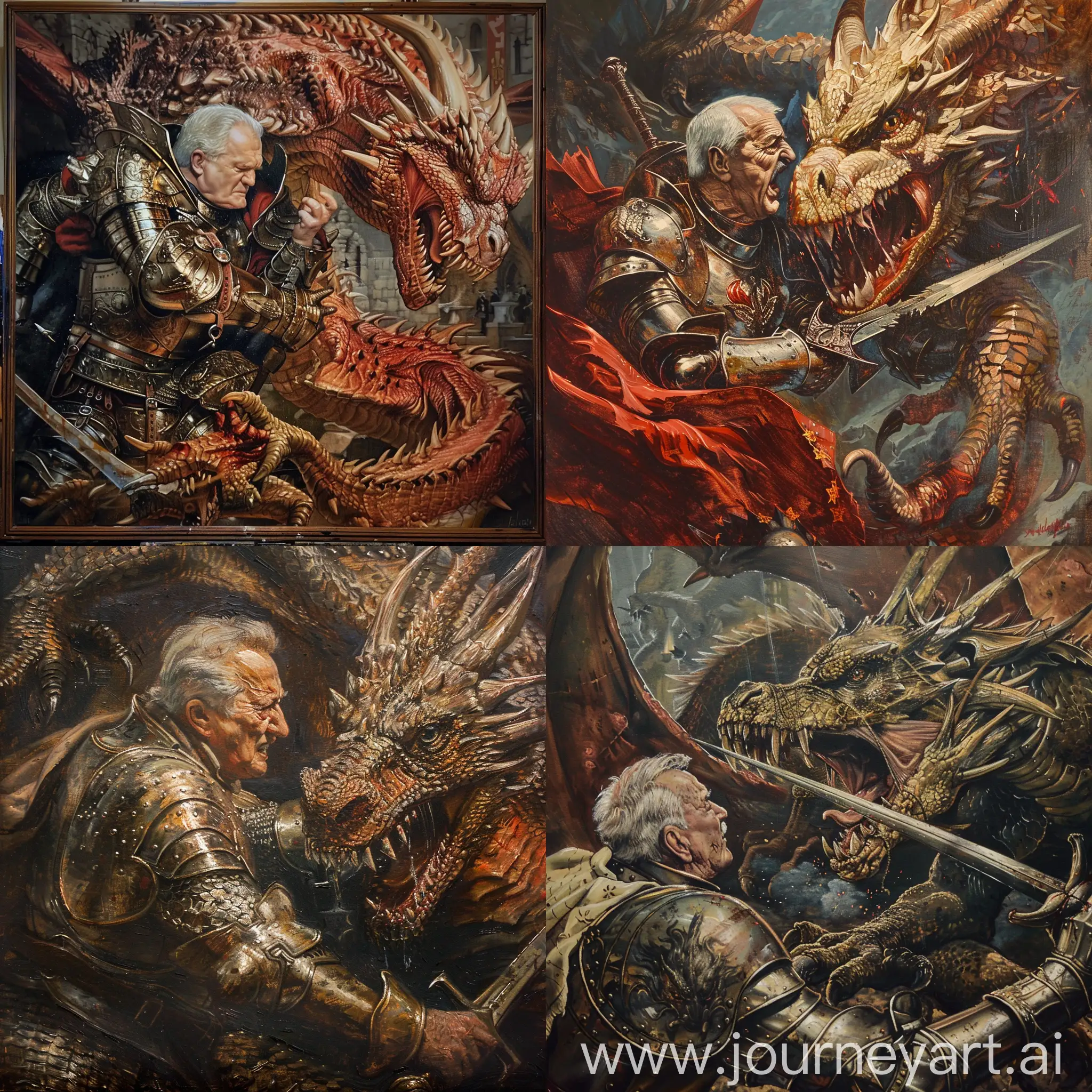 Superdetailed late gothic style oilpainting depicting former croatian president Franjo Tuđman in metal armor fighting an obviously Serbian dragon