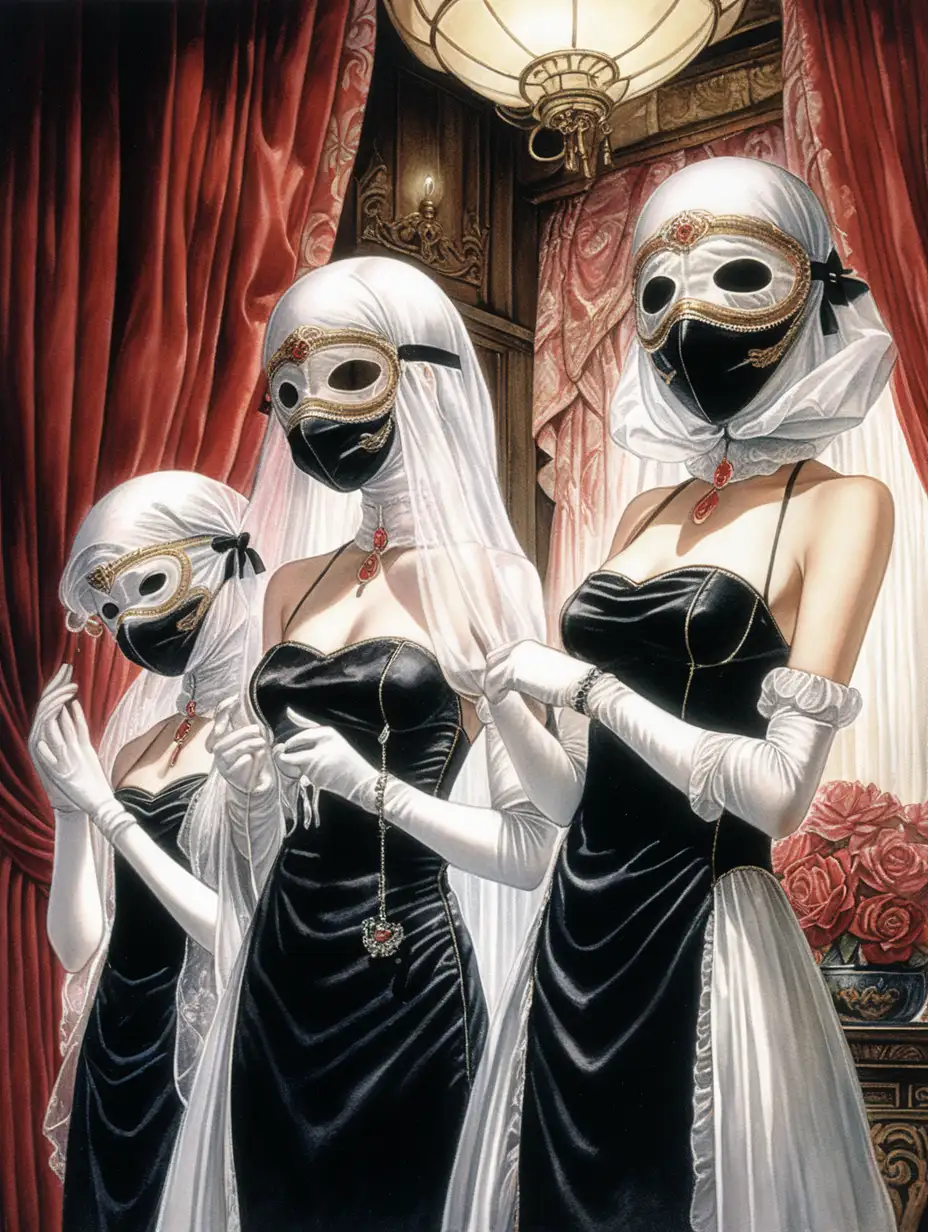 Ilustracion tenebrosa de Takeshi Obata en acuarela. Hay 3 chicas con mascaras blancas tocandose la una a la otra como hablando de un rumor entre ellas, la imagen denota secretismo. Una tiene un vestido rojo, la otra tiene un vestido negro, y la otra blanco. La iluminacion es analogica, y hay telon de la Belle Epoque de fondo. Tienen la cabeza cubierta con una tela blanca de seda. HAy intestinos de cerdo rodeandolas.
