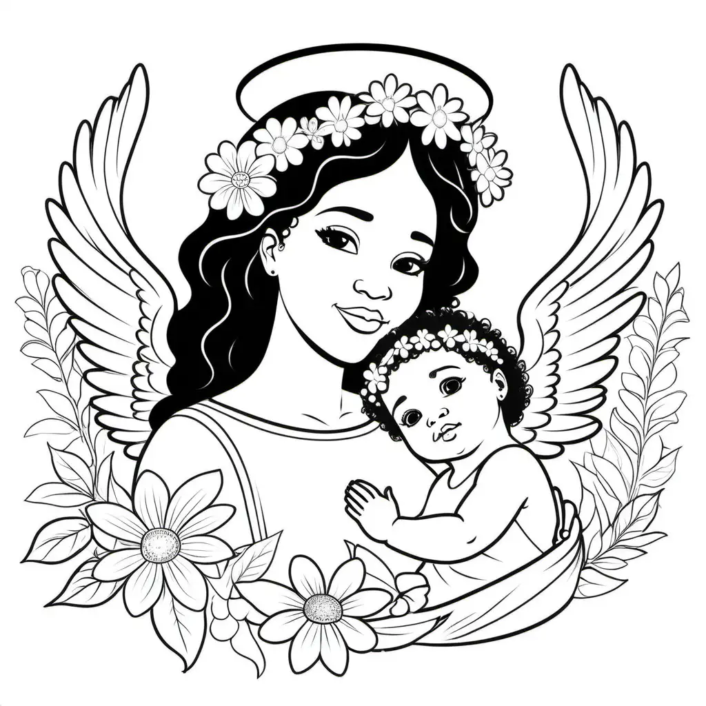 Empowering-Moments-Plus-Size-Black-Mother-and-Angelic-Daughter-with-Halo-and-Flowers-Coloring-Page