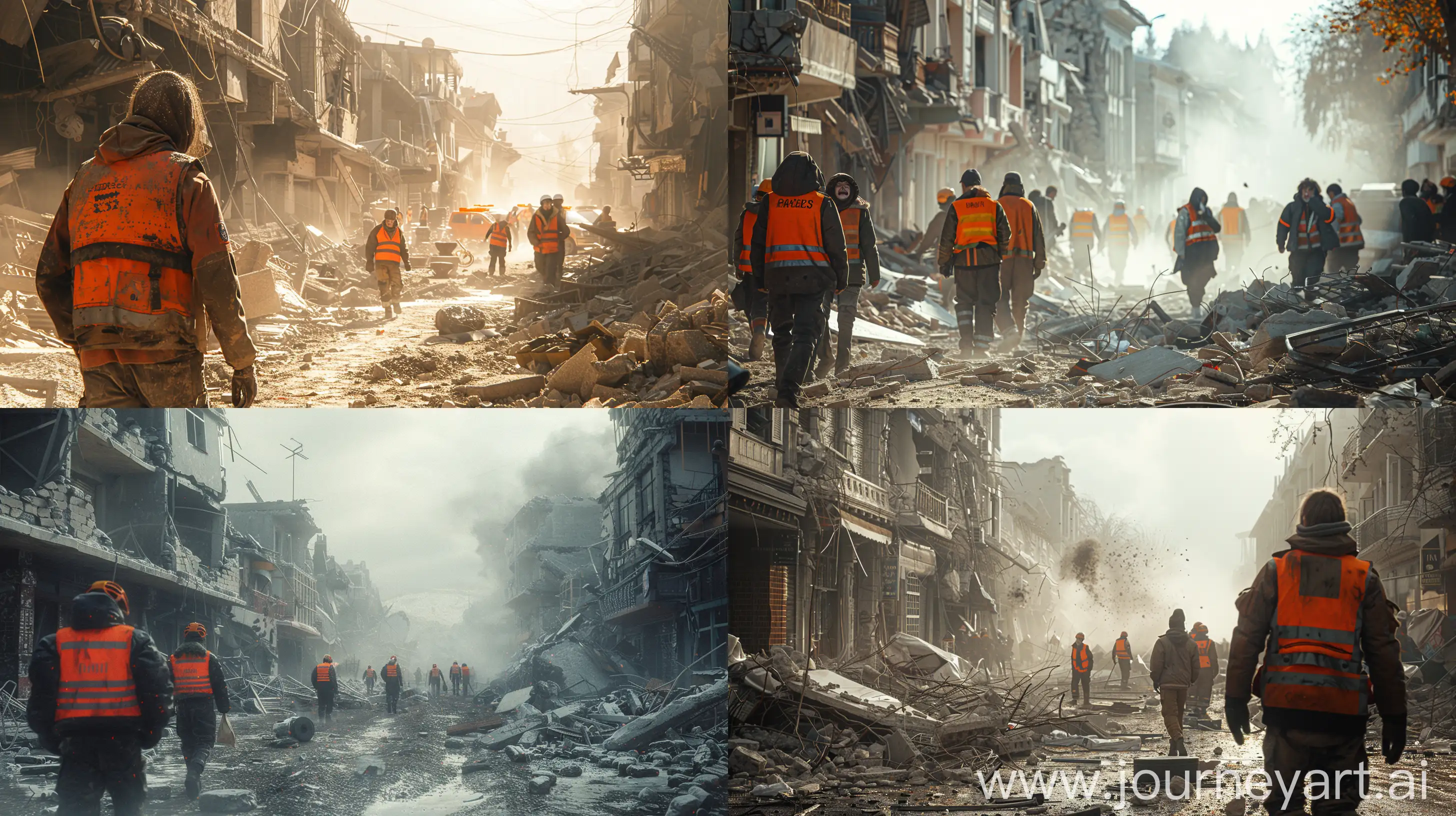 Post-earthquake tragedy, demolished buildings, debris scattered, survivors with tear-streaked faces, rescue workers in orange vests tirelessly searching, emotional depth, sharp focus on human expressions, the dust hanging in the air, somber atmosphere, high detailed textures --s 500 --ar 16:9 --v 6