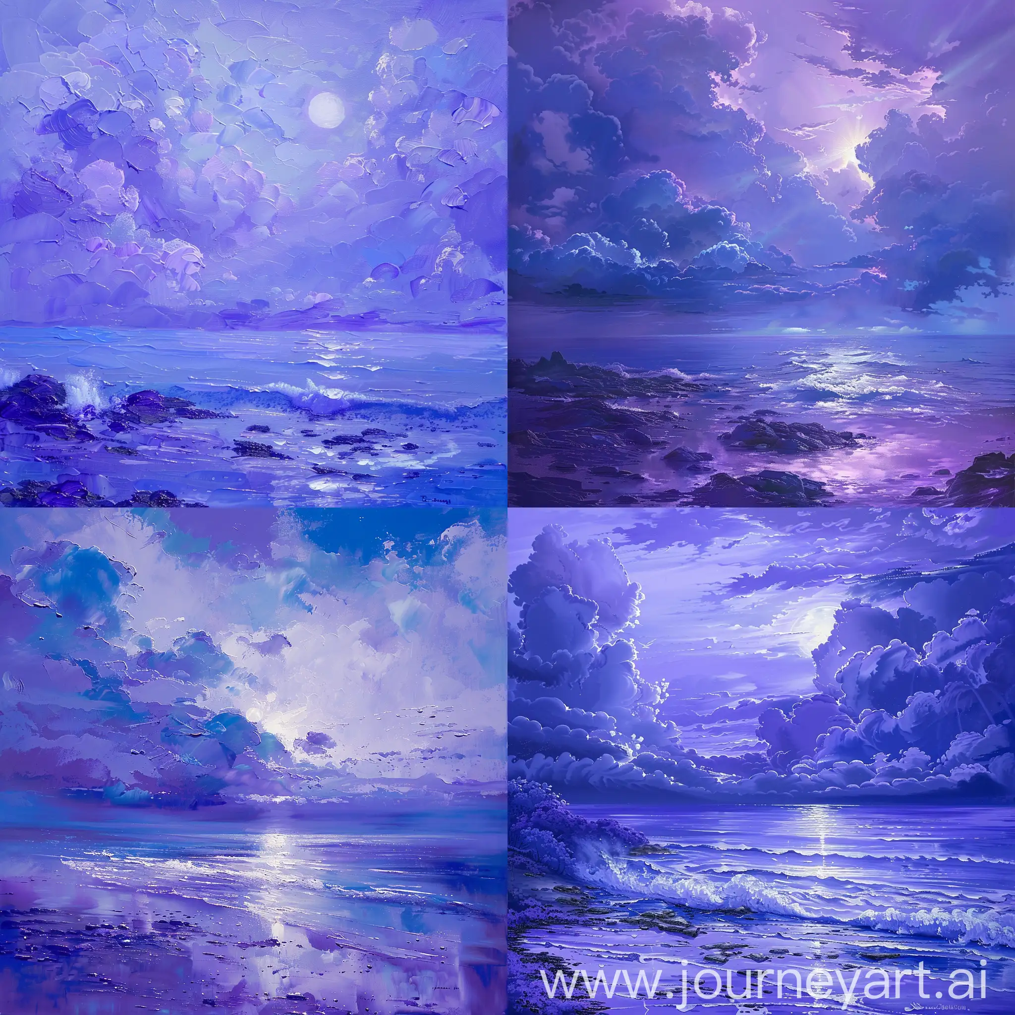 Landscape in purple and blue colors. Blue clouds and calm sea. Twilight atmosphere after the rain. The sun shines a little through the clouds. In the foreground are small stones, which the waves are crashing on. Serenity and tranquility. Expressionism