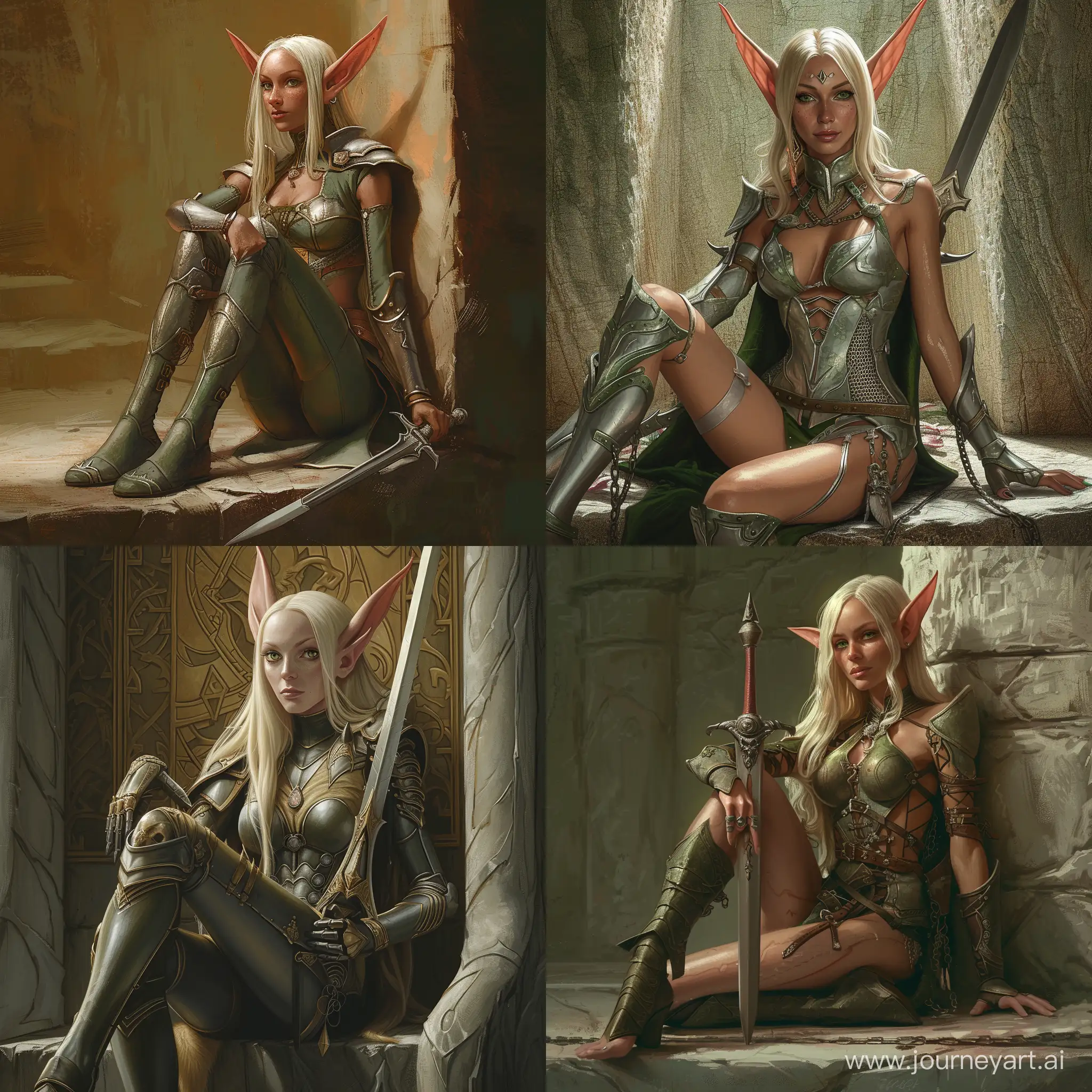 Elven cleric, female, rapier, tall ears, full figure portrait, legs, Undermountain, relaxed pose, platinum blonde, green eyes, elven chainmail