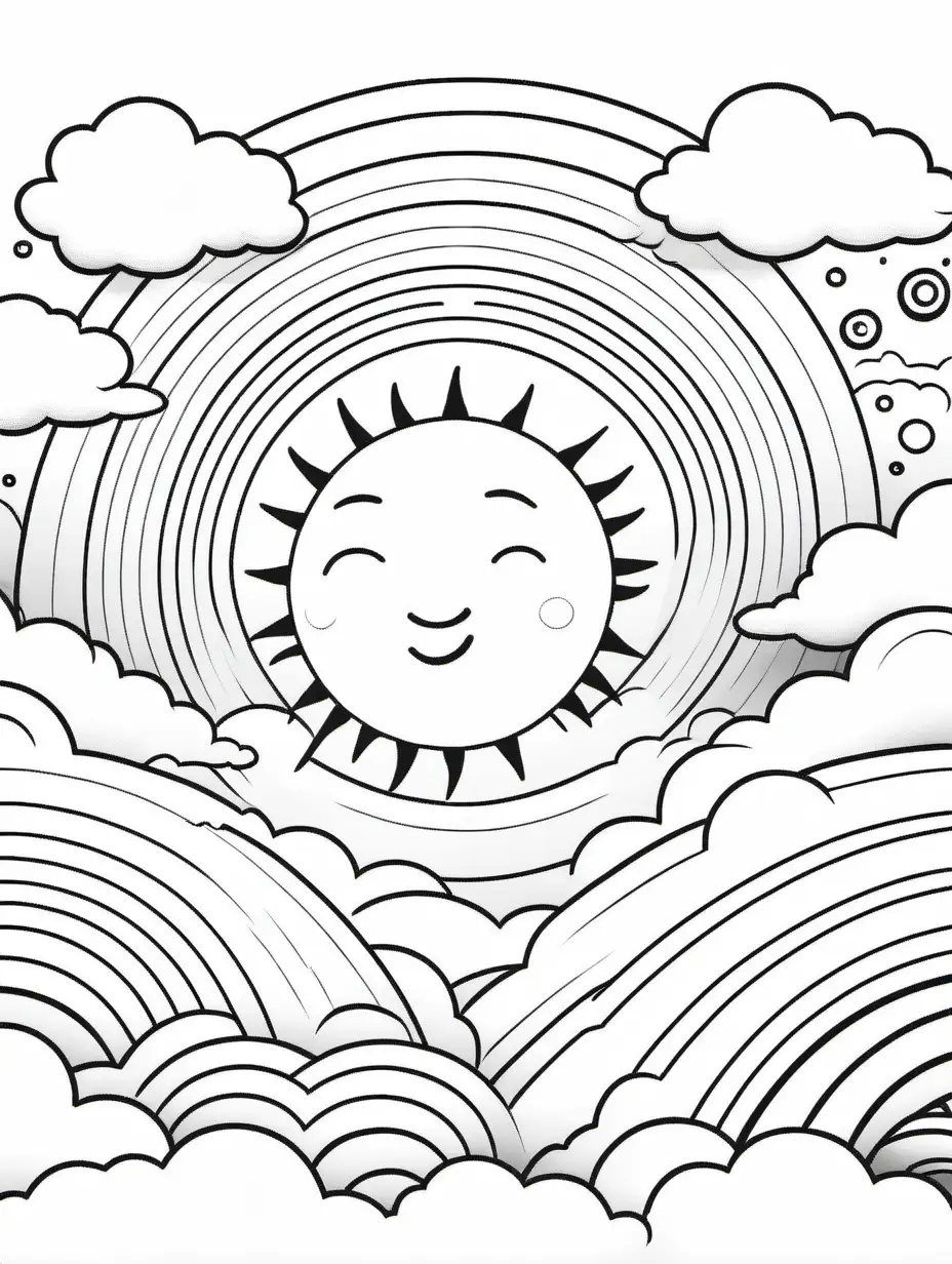 simple black and white line art of dreams for a kids coloring book. sun. rainbow. books. clouds. with white bakground. easy coloring