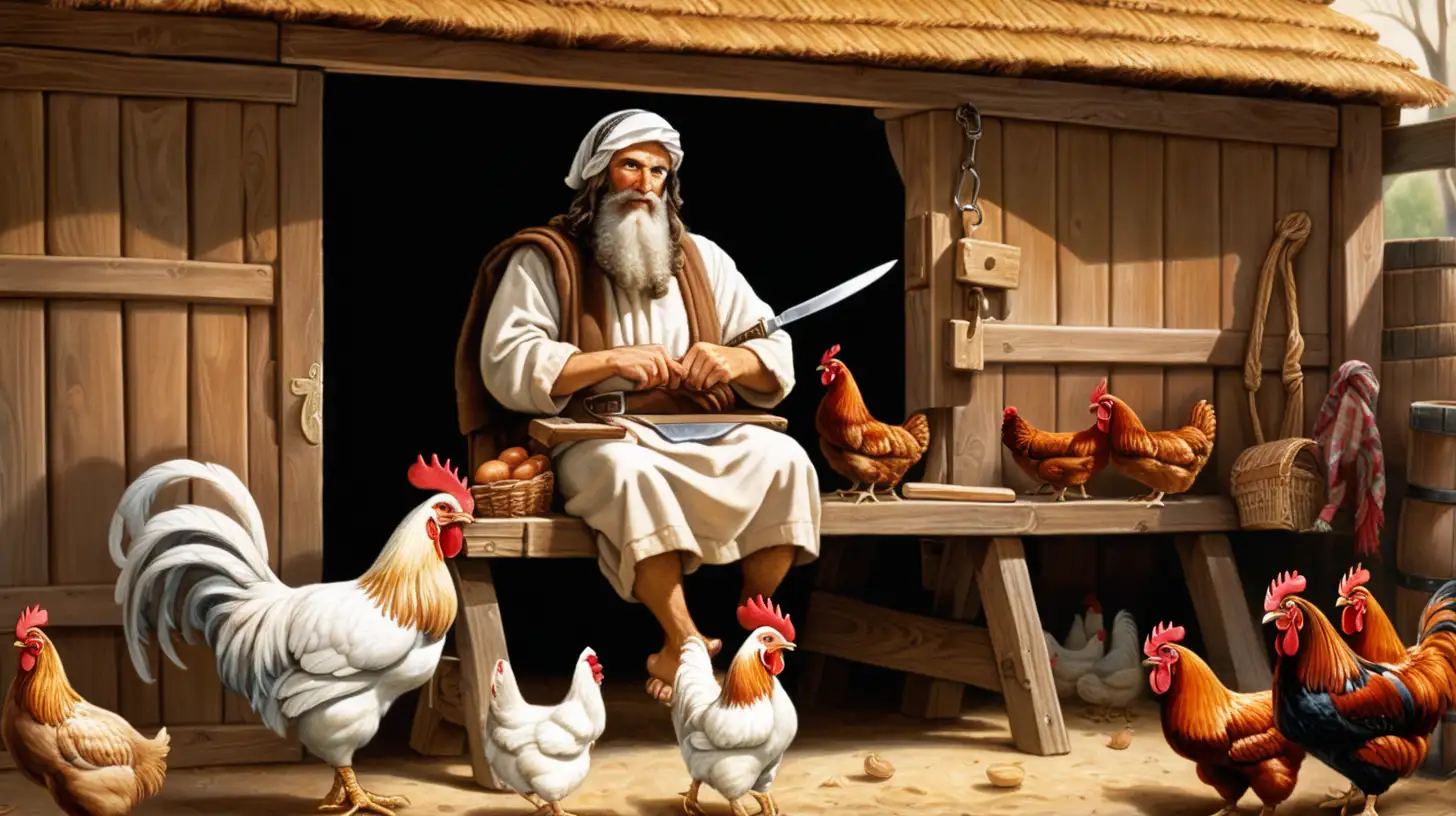 epoque biblique, dans un poulailler, un hébreu avec un foulard sur la tête et une longue barbe chatain tient un long couteau dans sa main, assis sur un banc en bois, autour de lui des poules et un coq