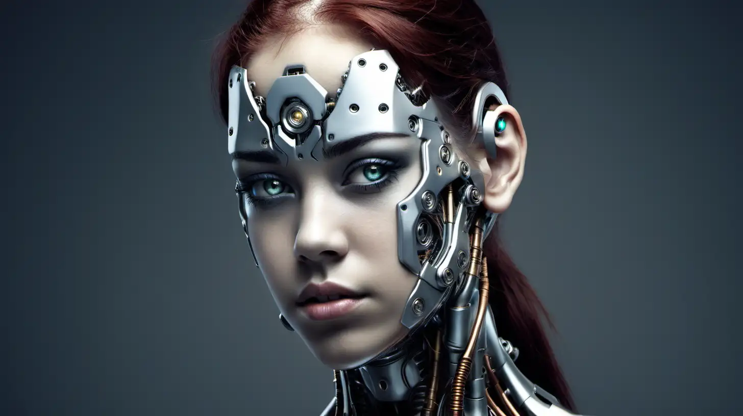 Cyborg woman, 18 years old. She has a cyborg face, but she is extremely beautiful. 