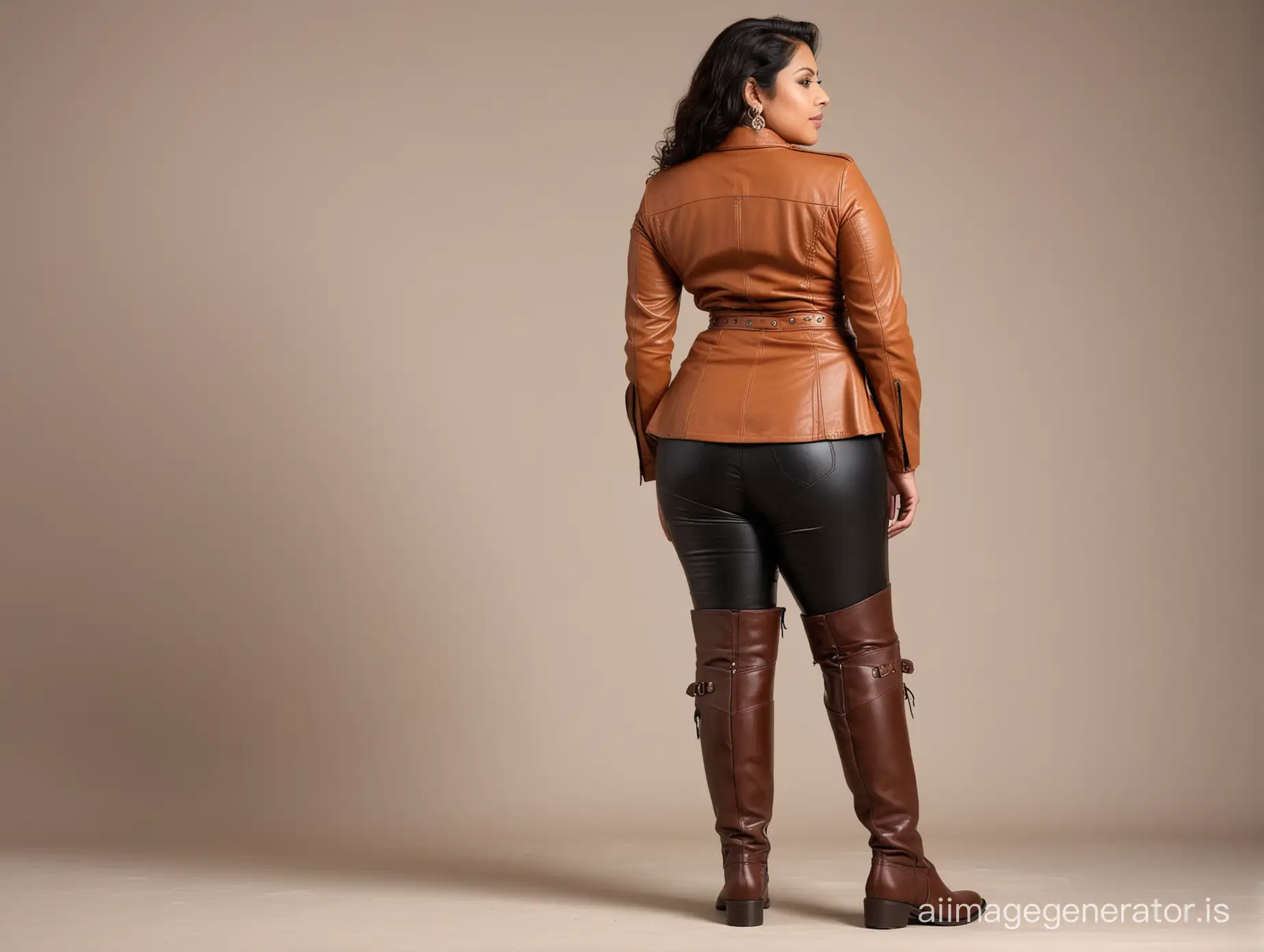 Generate full body back view image of one 45 year old busty and curvy semi plus size Indian woman wearing equestrian outfit and brown knee high riding boots picture should be of leather boots point of view