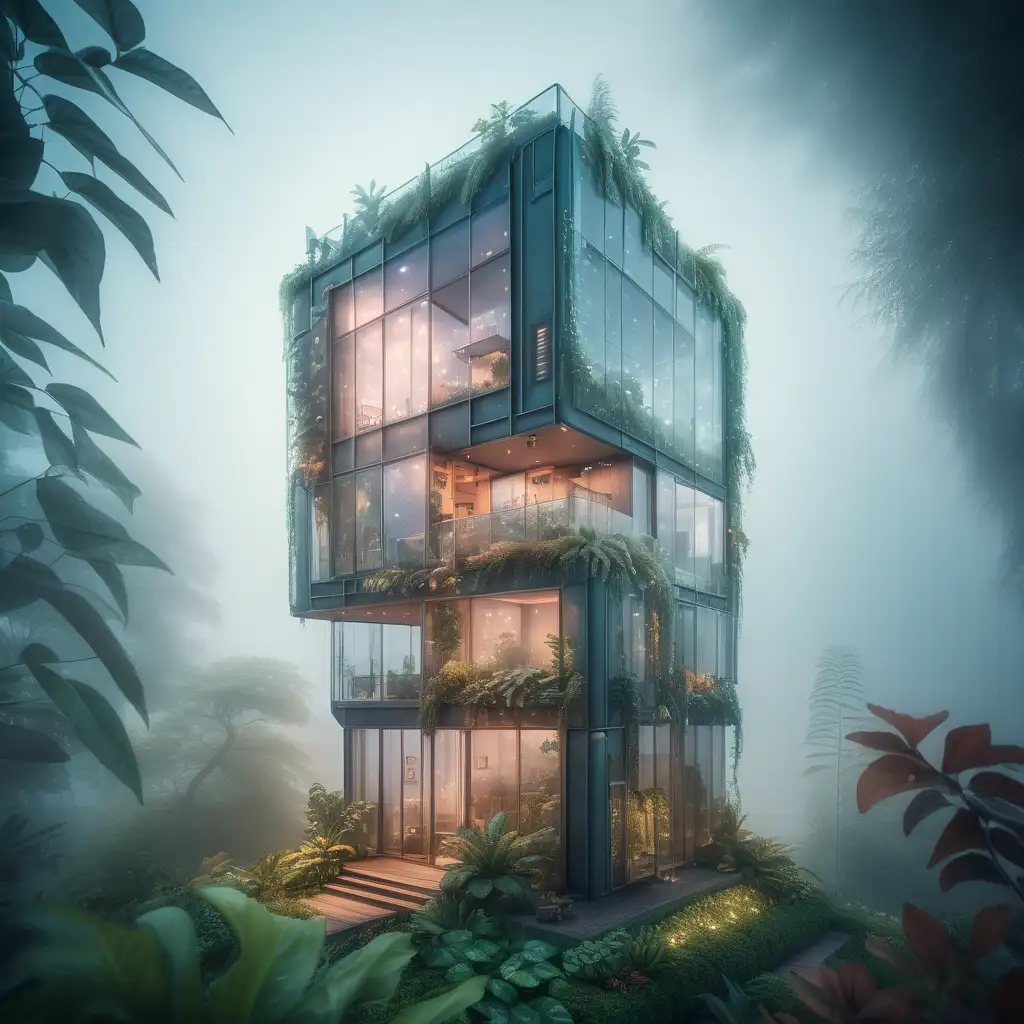 foto di una casa a  50 piani minuscola in stile futuristico, con luce soffusa ed atmosfera fantastica, molta vegetazione e piante rampicanti sulla casa folta nebbia e profondita di campo, sfondo sfocato, vetrate e schermi led
