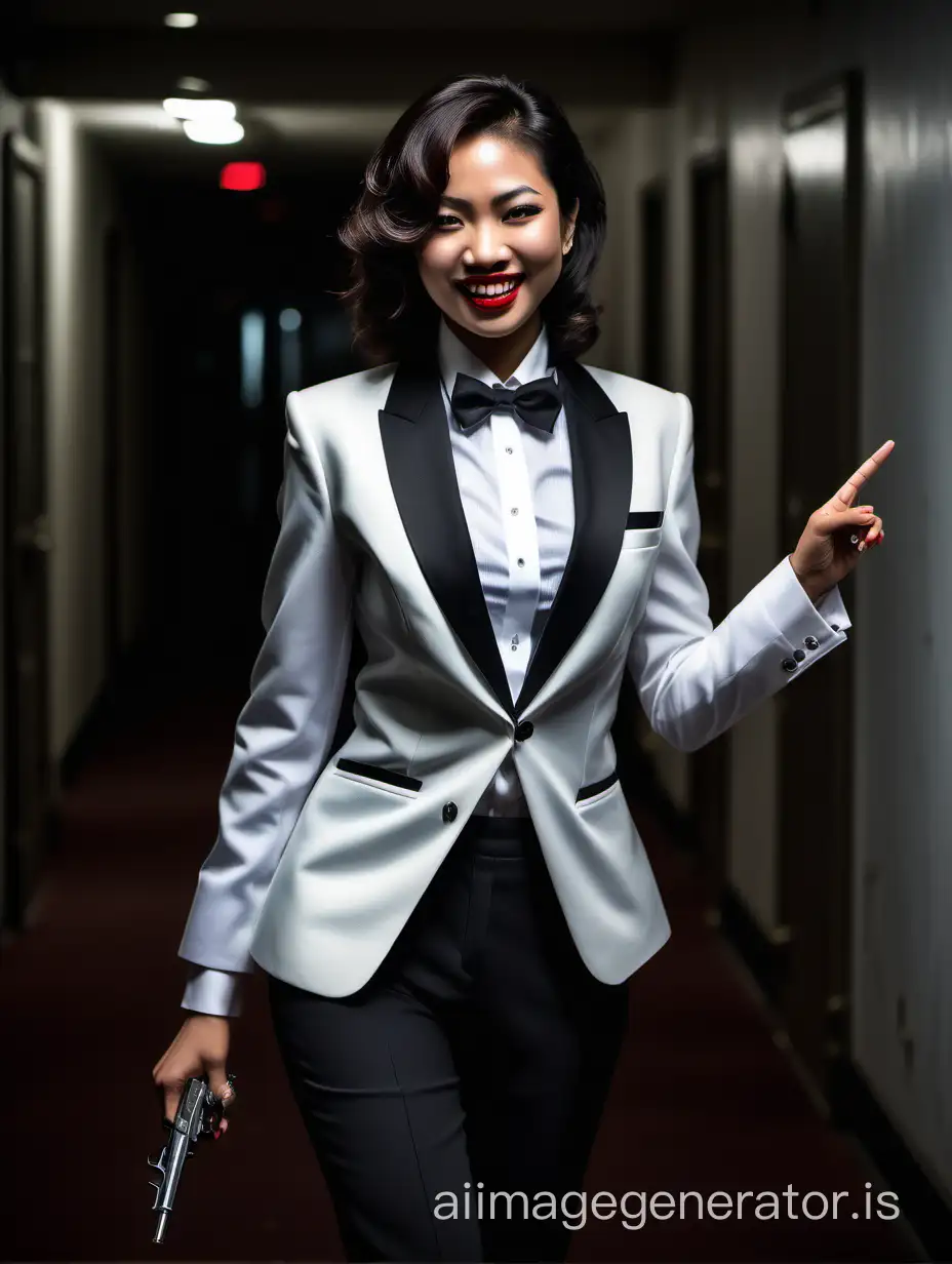 A sophisticated and confident malaysian hitwoman with shoulder length hair and lipstick is walking toward you down a darkened hallway.  She is wearing a tuxedo with a white jacket.  Her shirt is white with double french cuffs and a wing collar.  Her bowtie is black.  Her cufflinks are silver.  (Her pants are black).  She is pointing a pistol at you.  She is smiling and laughing.