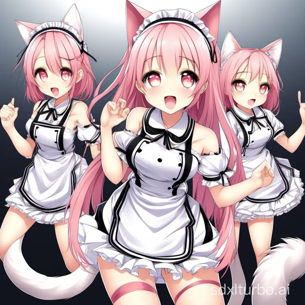 bare shoulders, miniskirt, tail, barefoot,bare shoulders, miniskirt, tail, barefoot, bare legs, cat ears, blush, tongue out, pink eyes, maid, loli,  bare legs, cat ears, blush, tongue out, pink eyes, maid, loli,