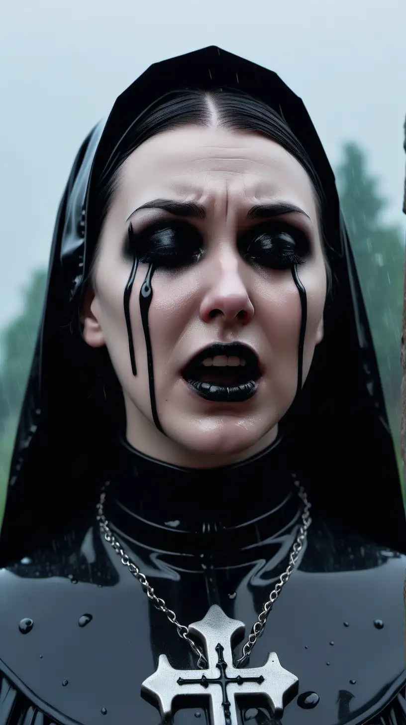 Goth girl. Latex nun. Raining. Graveyard. Crying black liquid. Night. Close up. 