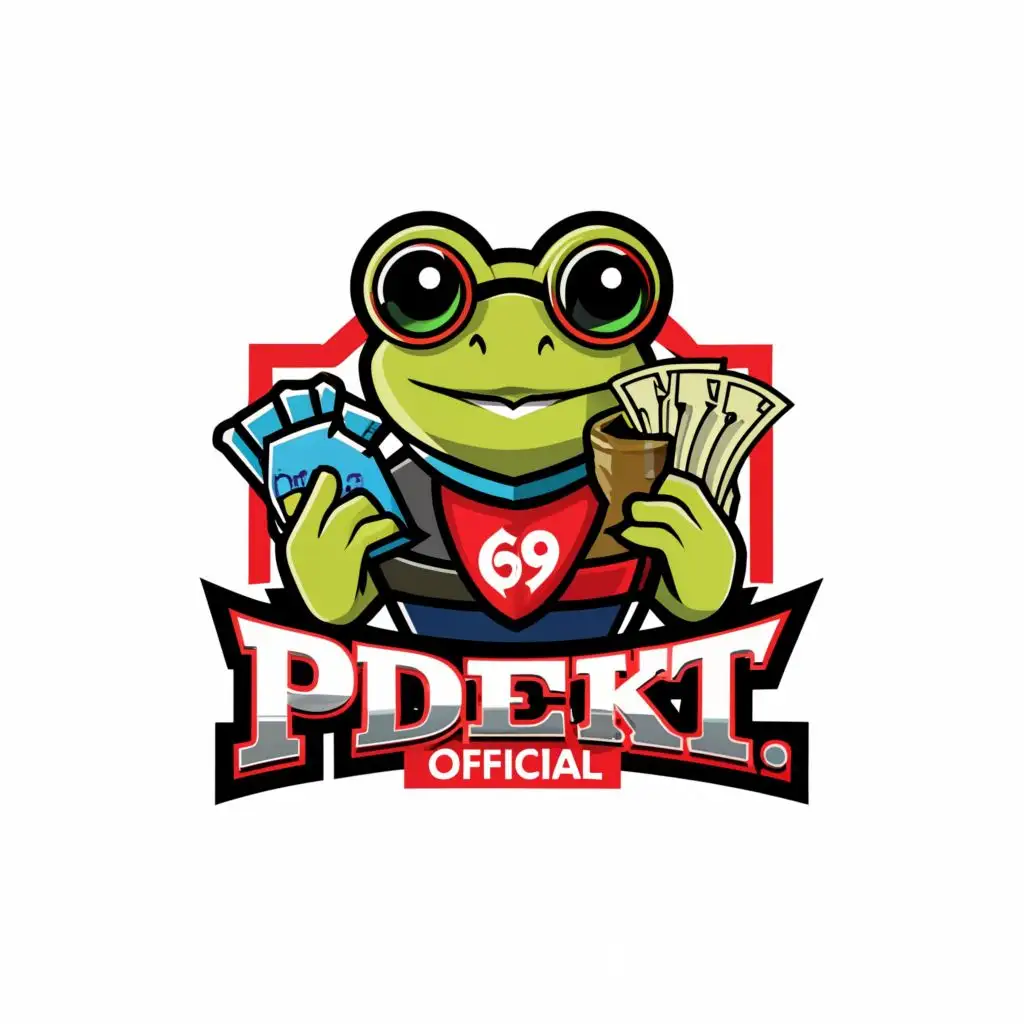 a logo design,with the text "PDKT
OFFICIAL ", main symbol:1. A frog with a big body and glasses (because Dean is often called a frog) 2. His eyes look like he's stoned/stays up too late (because Mr. Dean is synonymous with livestreaming in the middle of the night, so the audience stays up late, aka stoned) 3. The text 'PDKT' is made to look like the number 69 (because Mr Dean... you know) holding money in the right hand (cuan saweria) and a shield in the left hand (defending attacks from all directions) 4. Wear a Daendels robe,complex,be used in Events industry,clear background
