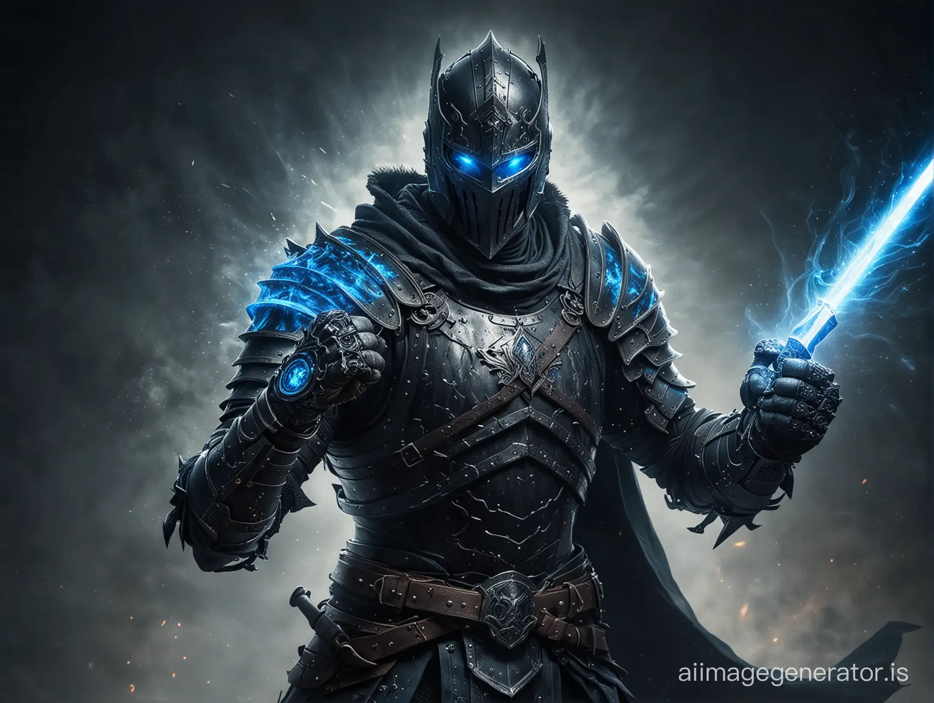 Medieval knight with blue glowing eyes, Black and blue battle worn armor, one hand making a fist with a glowing magic aura around it, the other hand is holding a long sword

No extra body parts, no extra limbs