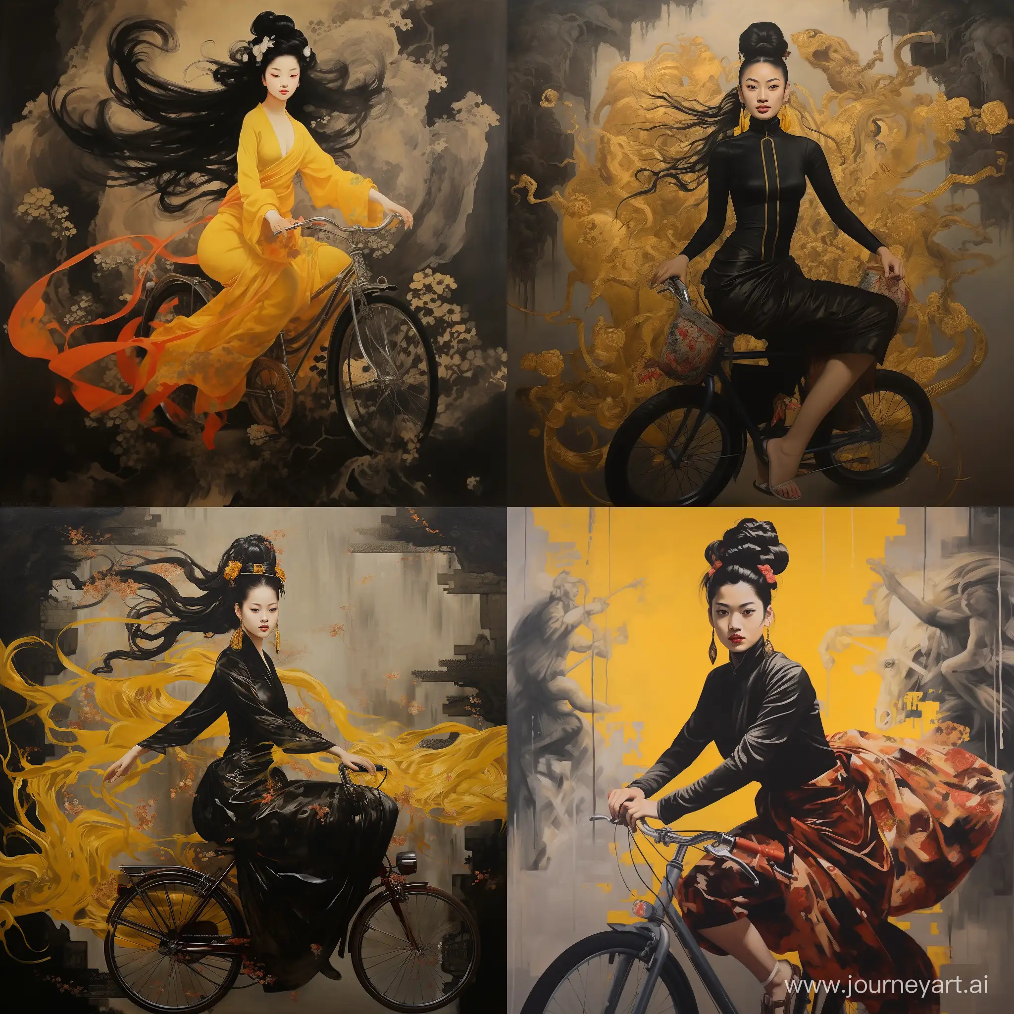 Serene-Black-SilkClad-Beauty-Cycling-Through-Ancient-Painted-Landscape