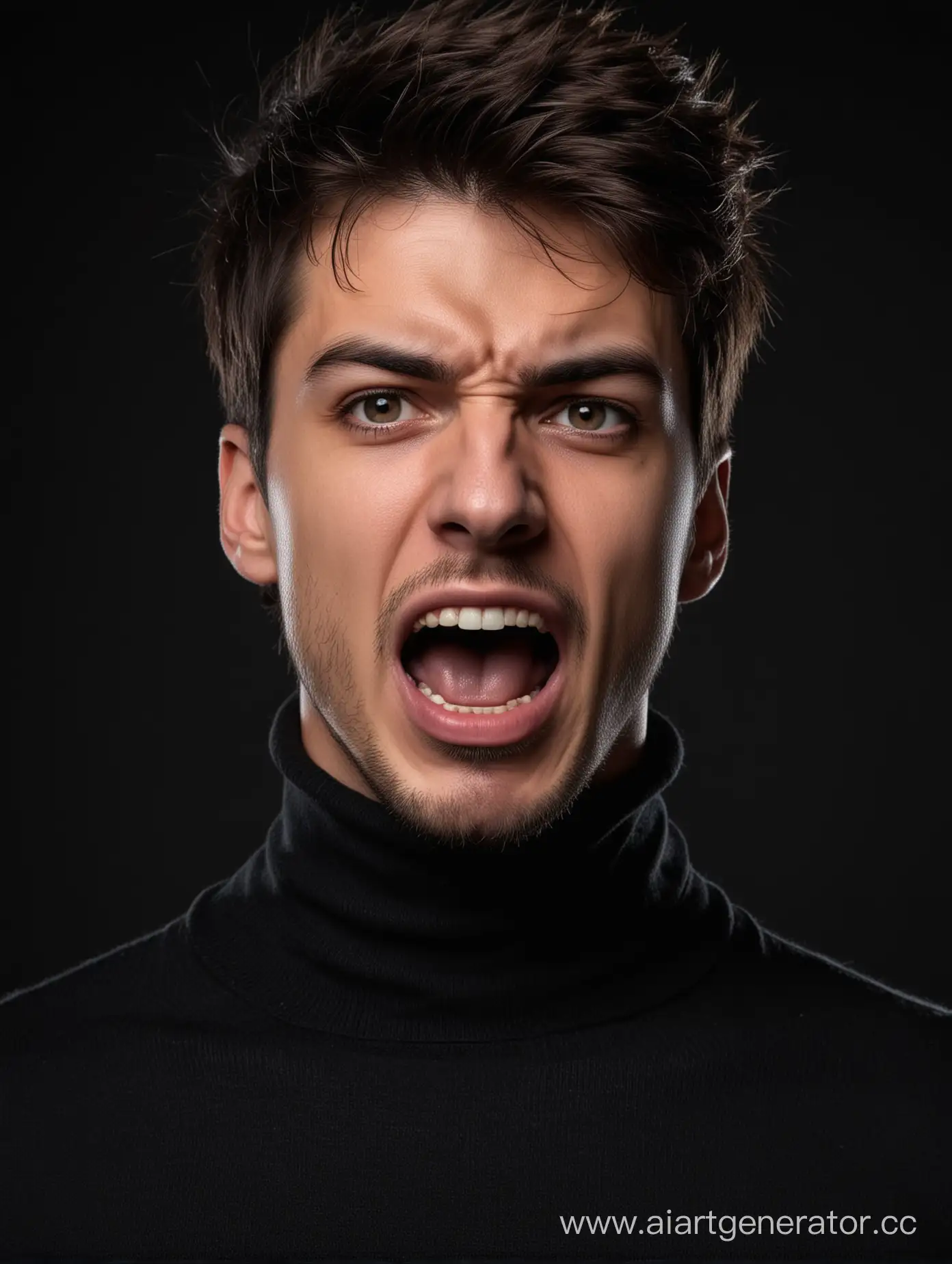 Angry-Young-Man-with-Stubble-Screaming-in-Turtleneck-on-Black-Background