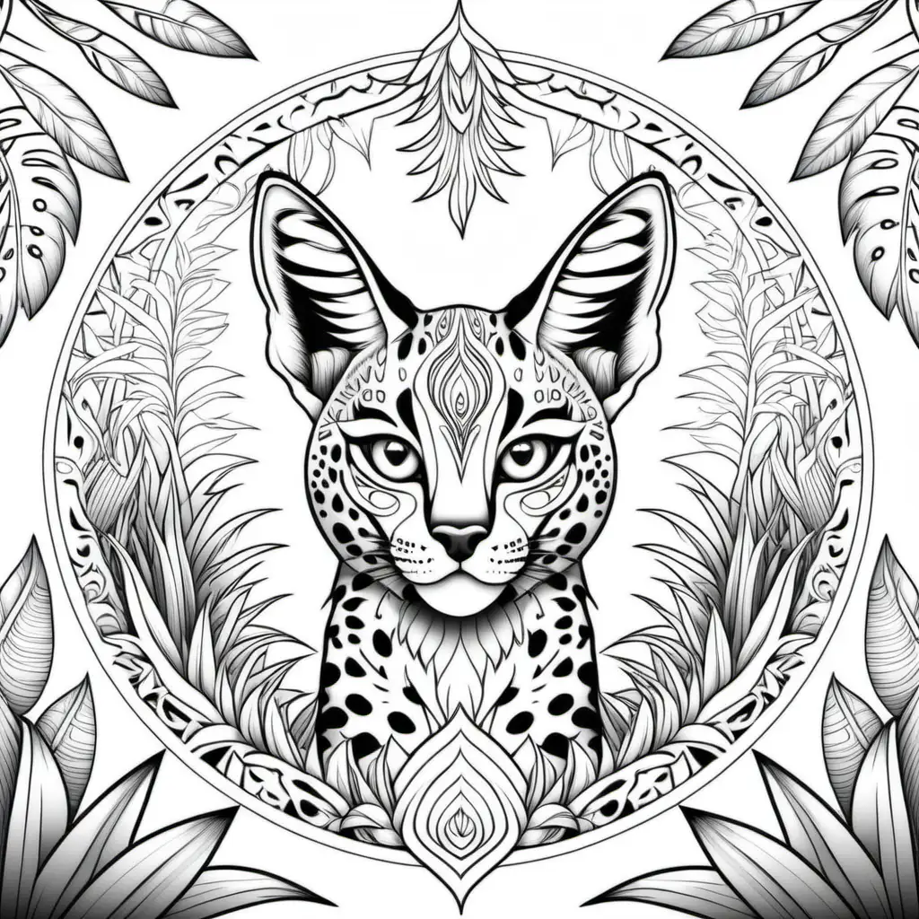 coloring page for adults, mandala, jungle image (Serval), white background, clean line art, fine line art--HD--AR 2:3