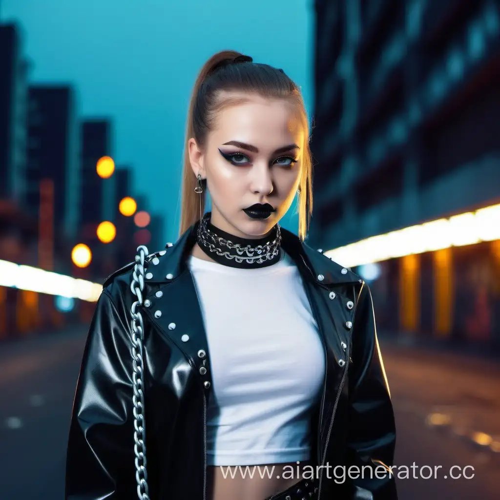 A beautiful girl,
15 years,
Russian,
ponytail hairstyle,
black lipstick,
black latex jacket,
white metal rivets, chain on the shoulder,
white T-shirt,
black latex collar,
stands straight
against the background of the neon city street.