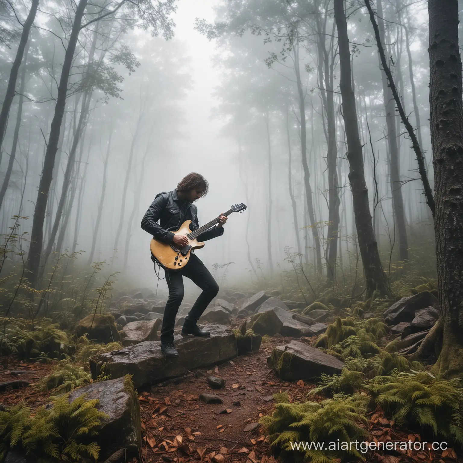 Гитарист играет рок в туманном лесу 
