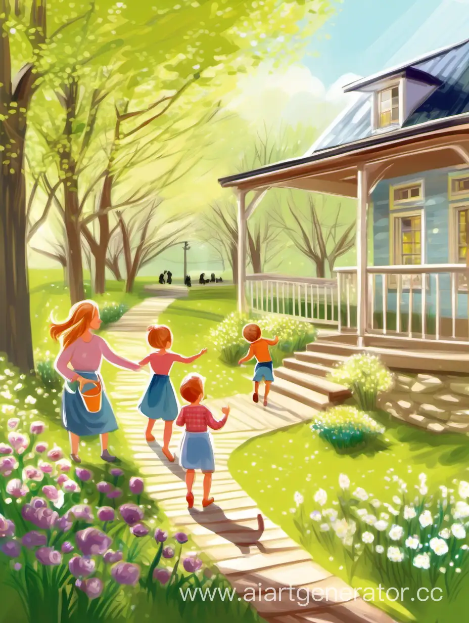 Весна, ручей, деревенский домик, на веранде стоит мама, дети играют и радуются весне, светит ласковое солнышко
