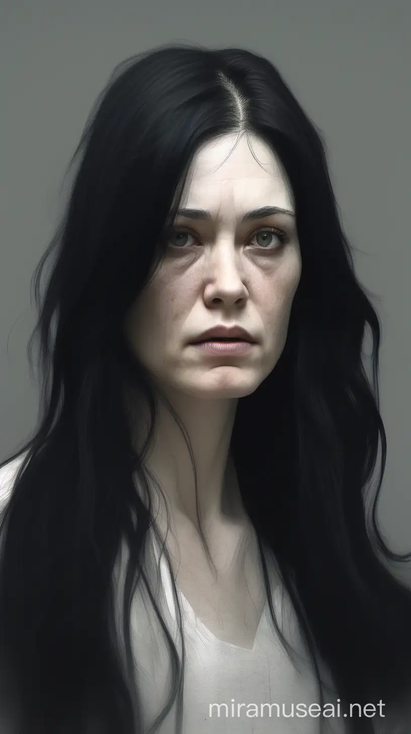 Portrait of a Young Woman with Long Black Hair Expressing Sadness