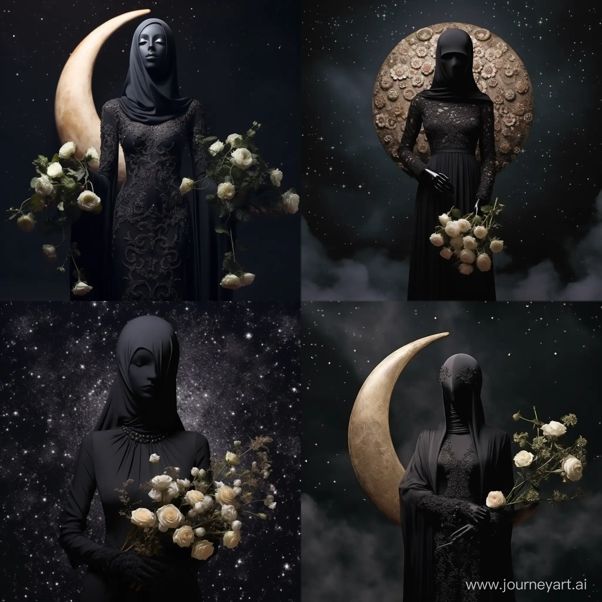 Манекен в хиджабе без лица , черное длинное платье, луна и звезды на небе , в руках цветы