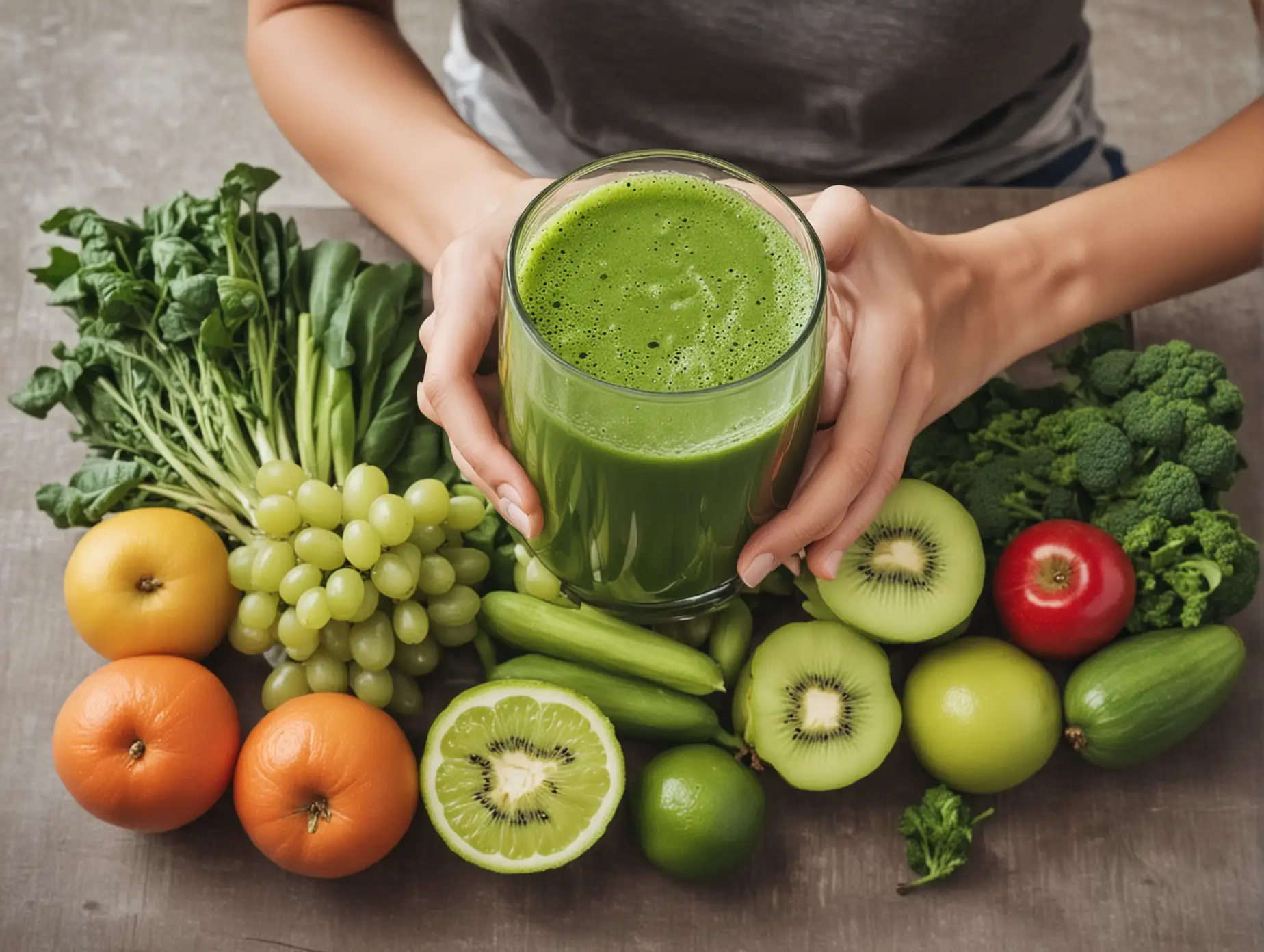 A person holding a glass of green juice with various fruits and vegetables around them, representing the importance of a healthy diet as part of a glutathione detox protocol.