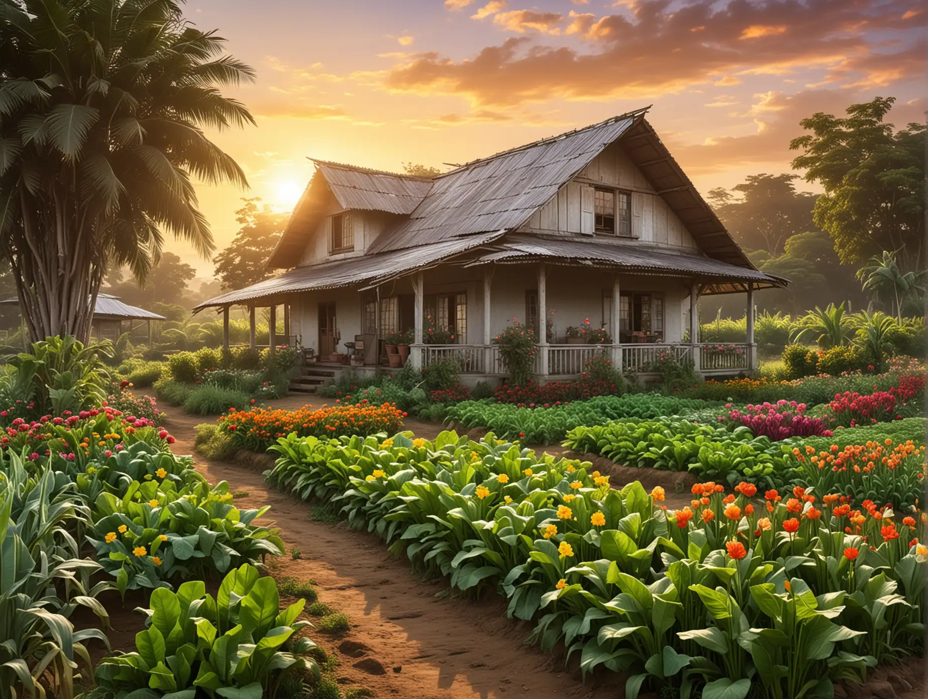 digital art, a typical farm house in Philippines surround by crops, vegetables and a flower garden, with sunrise on the background