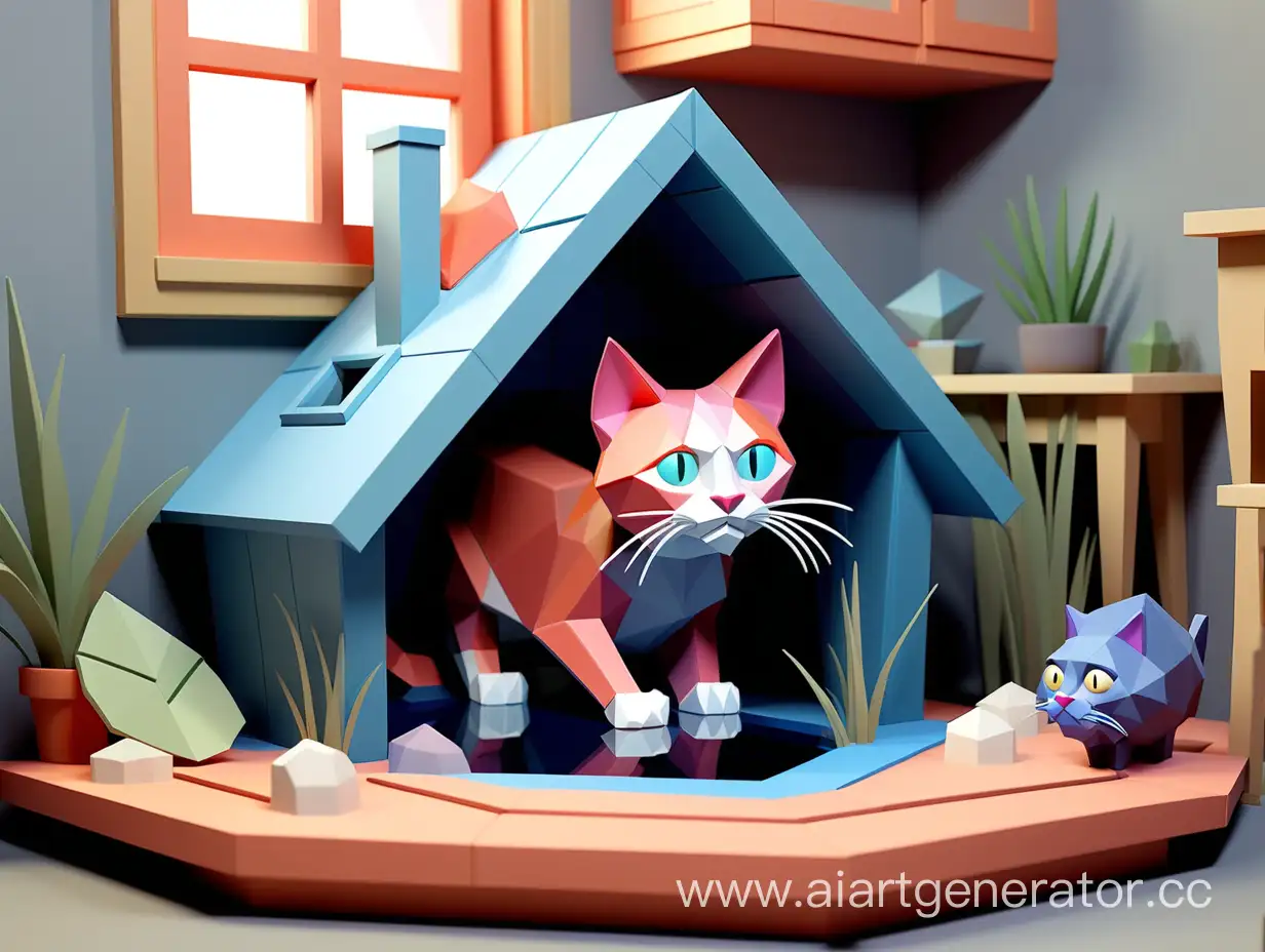 LowPolygon-3D-Cat-Hunting-for-Fish-in-a-Cozy-LowPolygon-Home