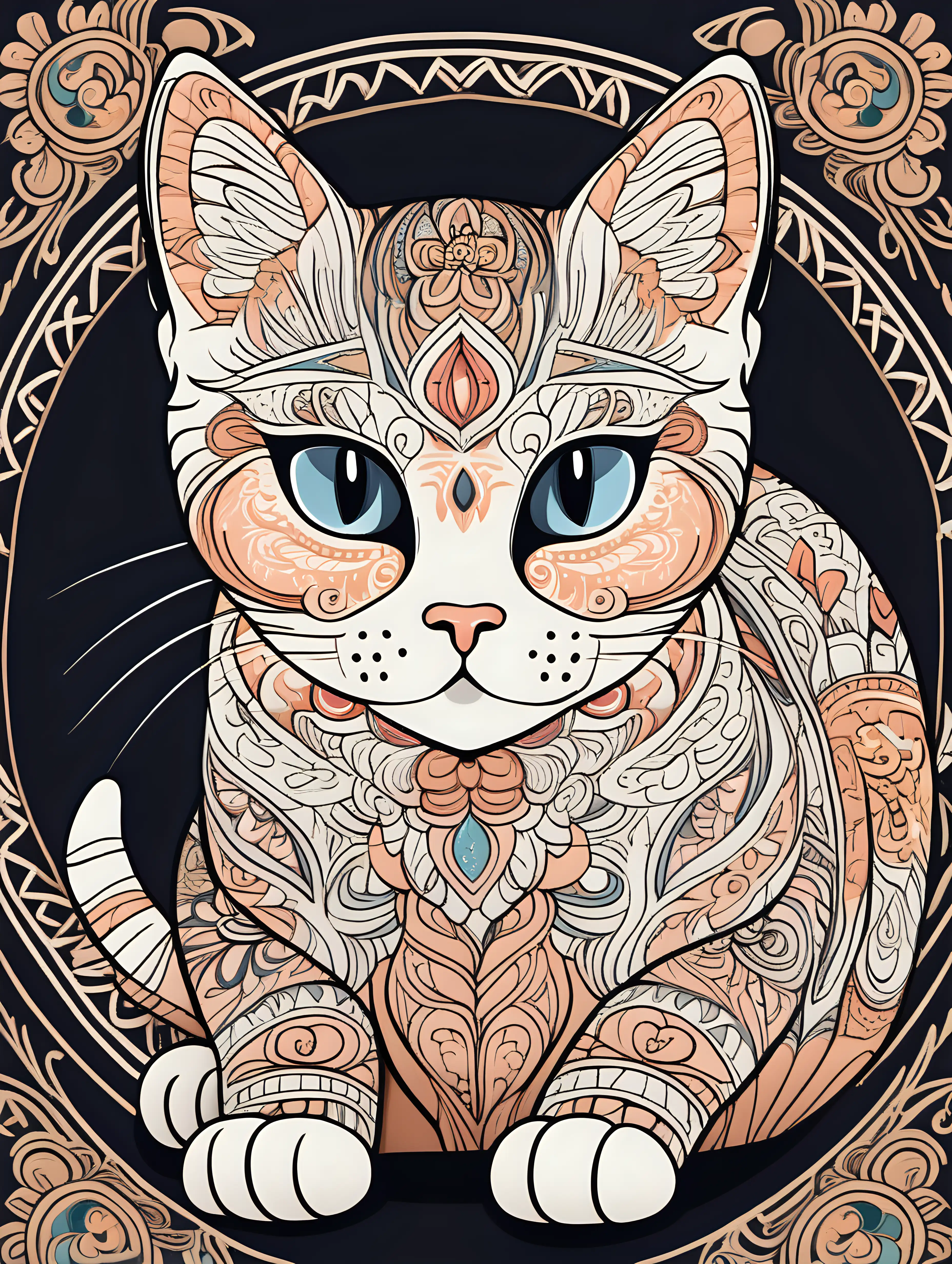 Colorful Cartoon Mandala Cat Illustration
