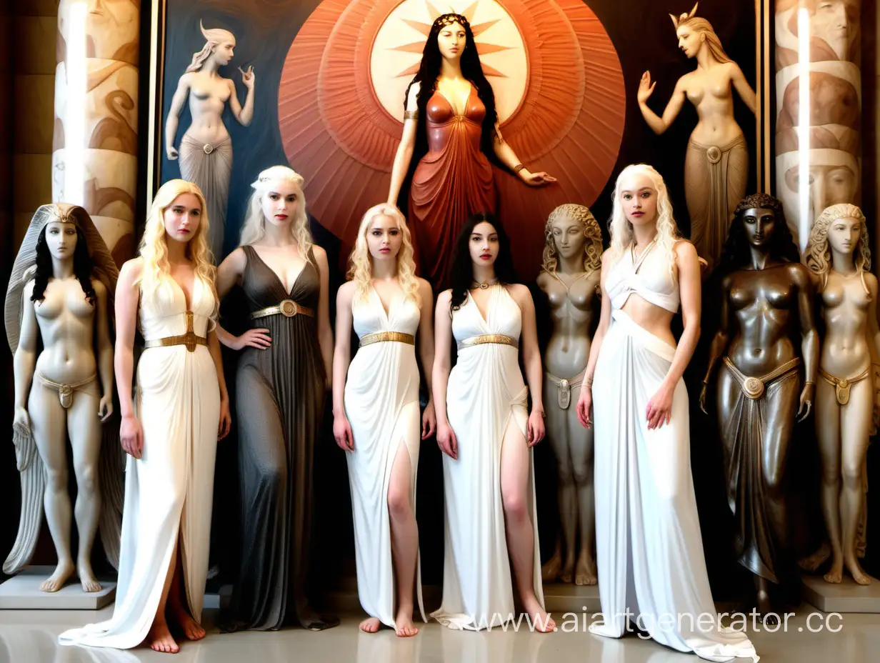 Aphrodite, Ishtar, Galadriel  and Daenerys Targaryen with Andromeda and Goddess Isis in front of a a painting, carvings and statues in a temple.