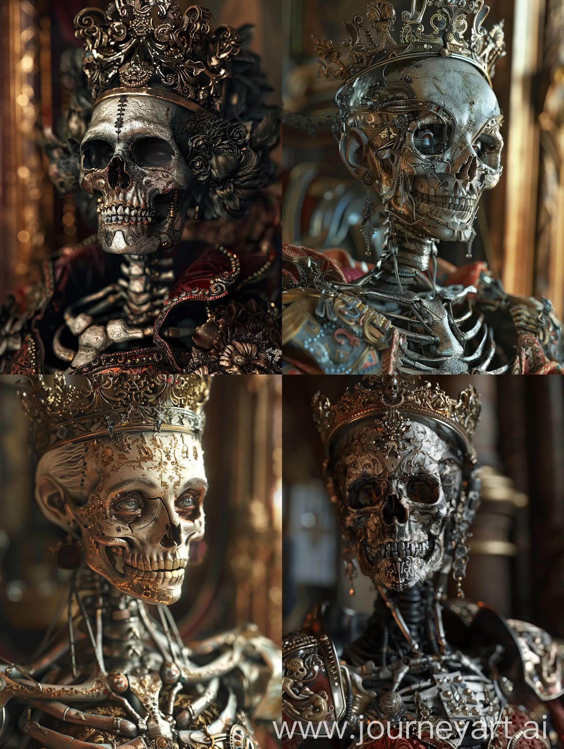 a close up of a woman with a skeleton face and a crown, amazingly epic visuals, by Gabriel Ba, portrait of an old, i_5589.jpeg, ornately dressed, 🔥 😎 🕹️ 👀 :2, by Róbert Berény, titanium skeleton, a dark, weta fx, an intricate, with a crown