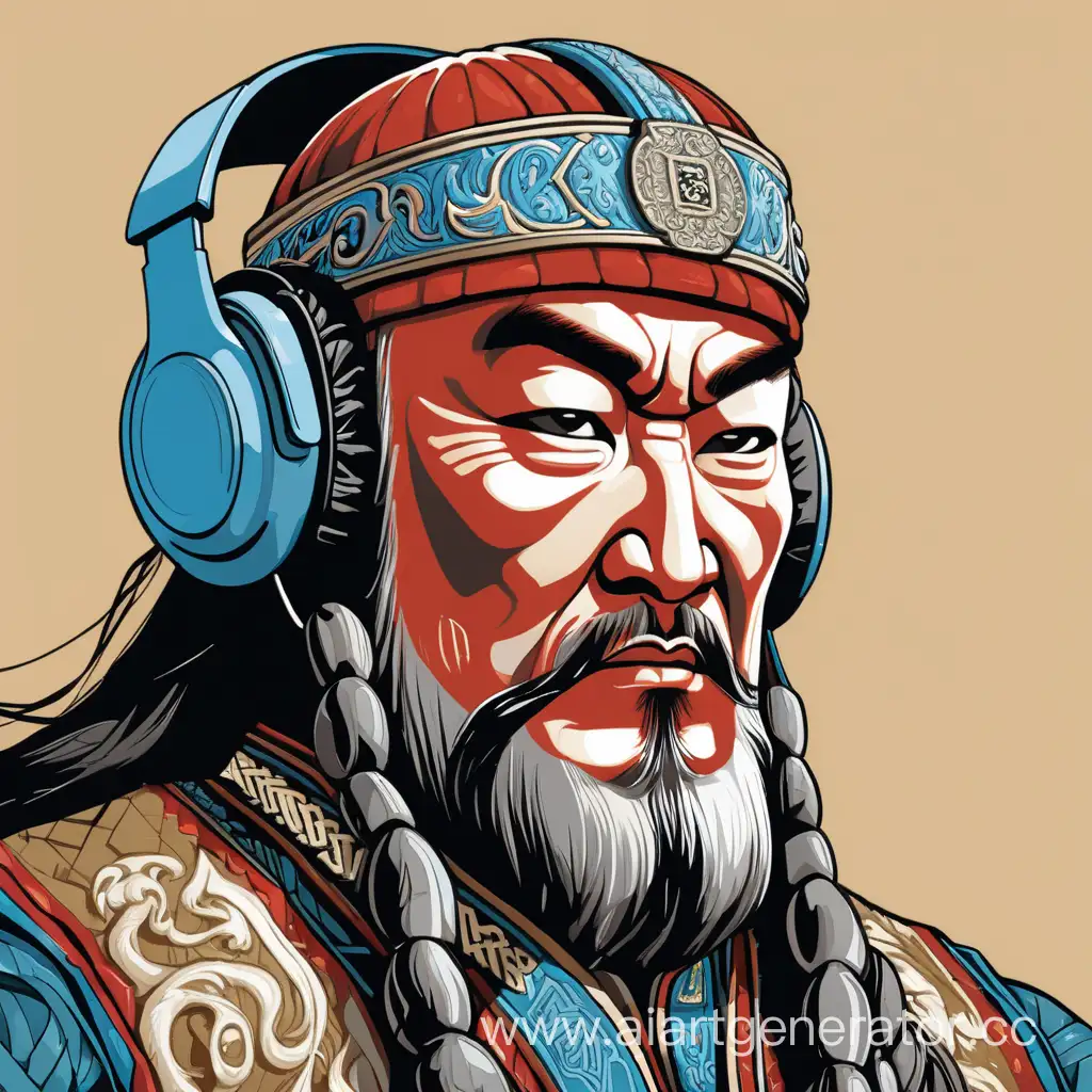 Genghis-Khan-Listening-to-Music-in-Stylish-Headphones