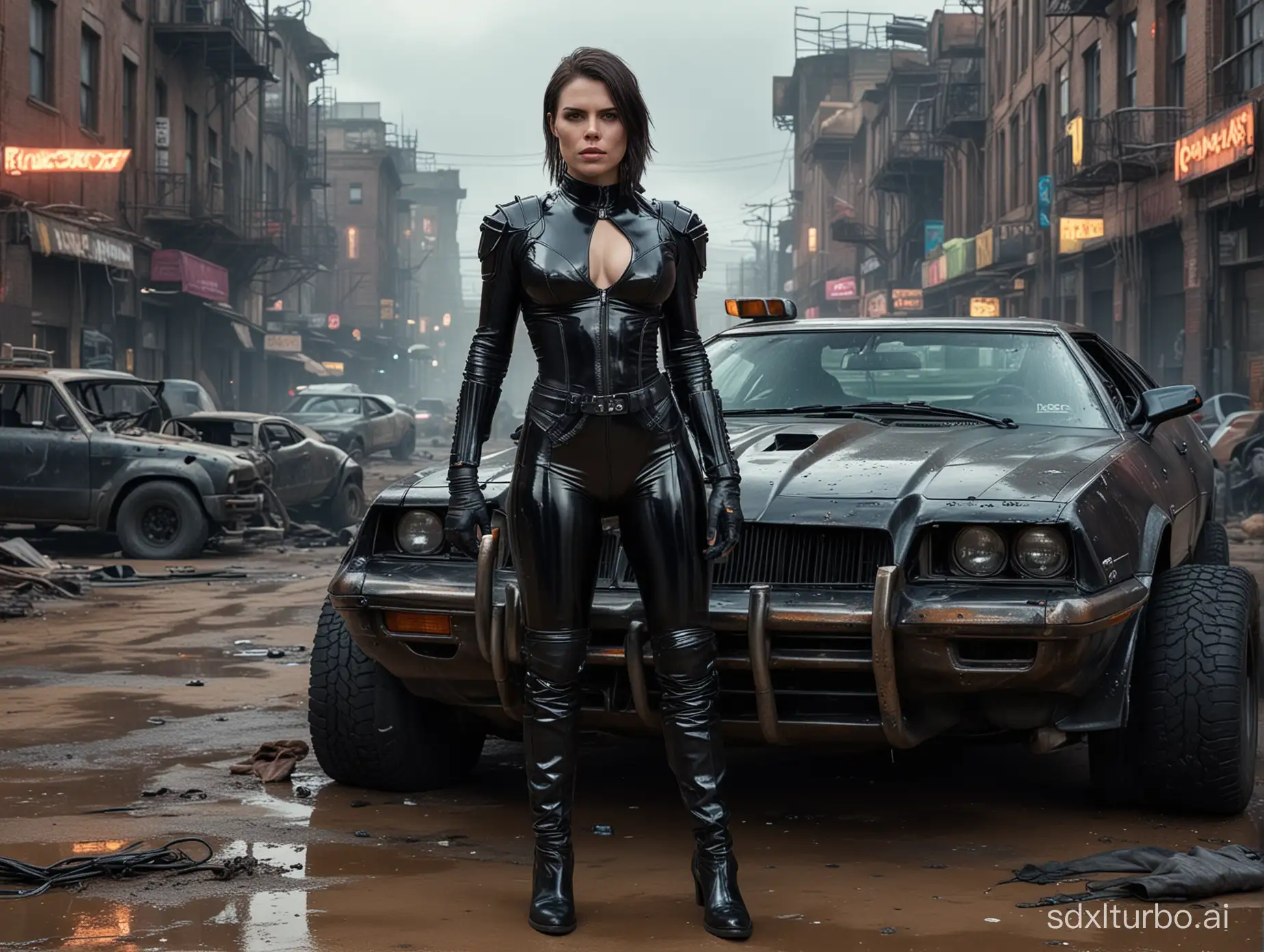 realistic hd photo , cyberpunk police Clea Duvall standing , wearing black low-cut shiny PVC catsuit , wearing long shiny PVC gloves , wearing shiny PVC thigh high boots , in cyberpunk destroyed city with Mad Max car , inlighted by neons ,