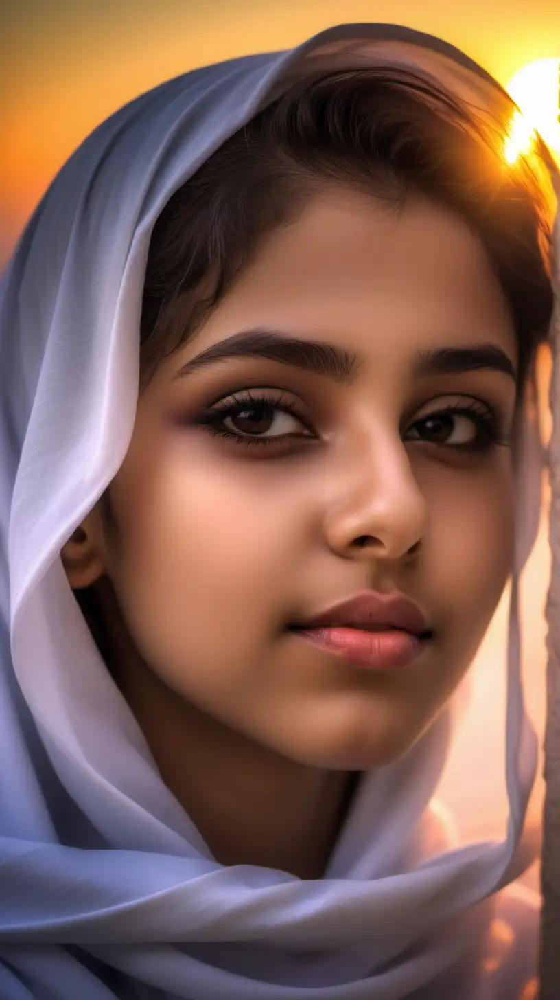 closeup shot for a saudi girl, very beautiful , peaceful, tranquil, ethereal light, sunset, hdr, hyper detailed --style raw