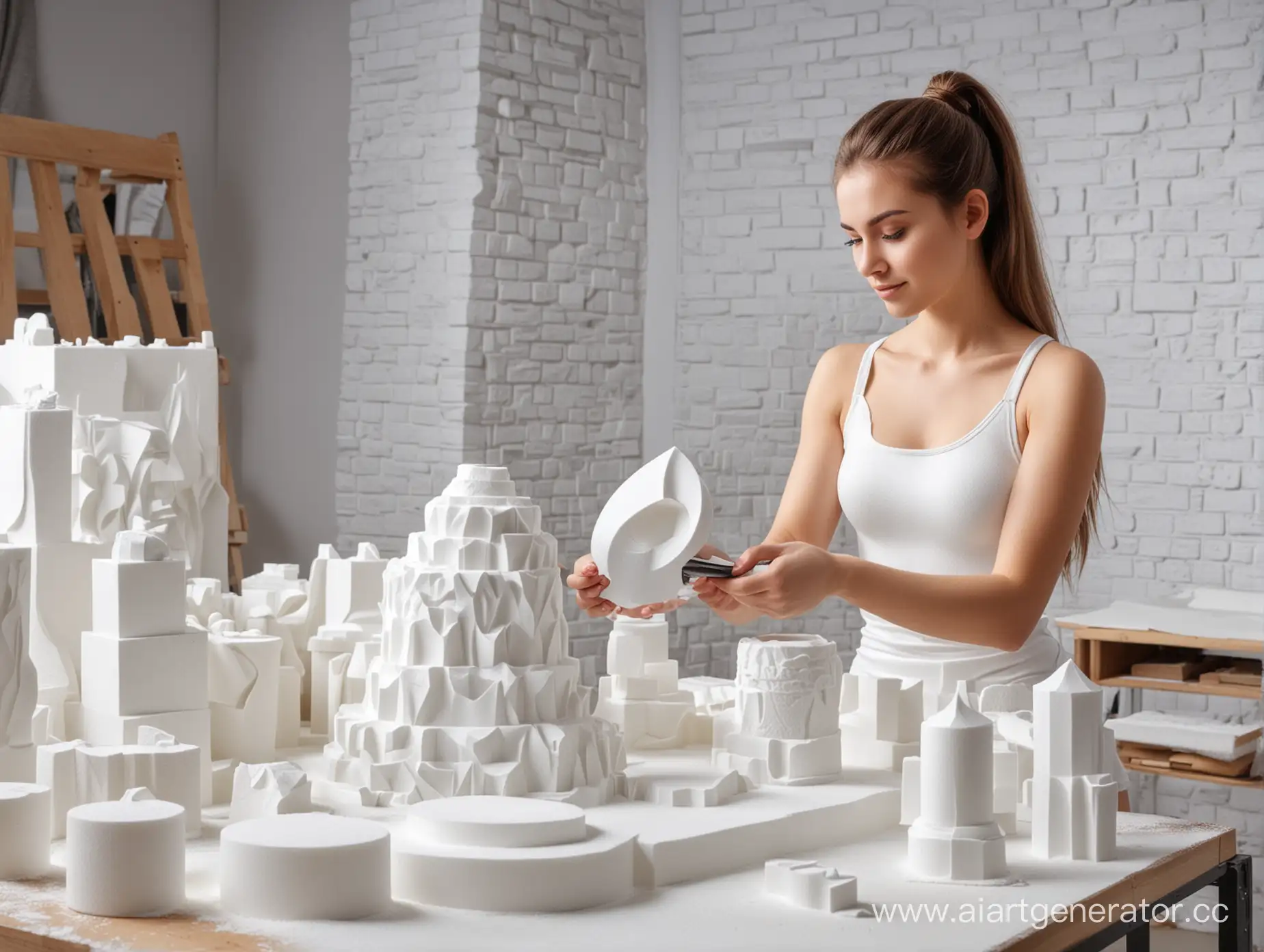 Crafting-Volumetric-White-Foam-Figures-A-Workshop-Scene-with-a-Skilled-Beauty-Operating-CNC-Machinery